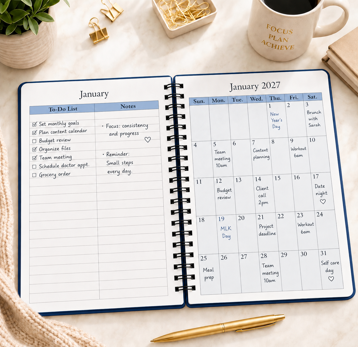 2027–2028 spiral planner open to January 2027 monthly calendar with notes and scheduled activities 