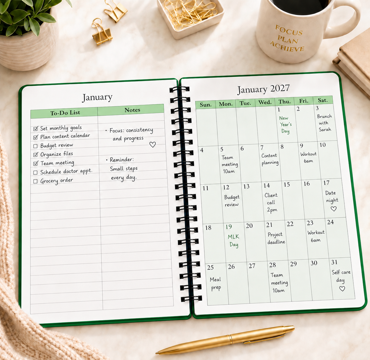 2027–2028 spiral planner open to January 2027 monthly calendar with notes and scheduled activities 