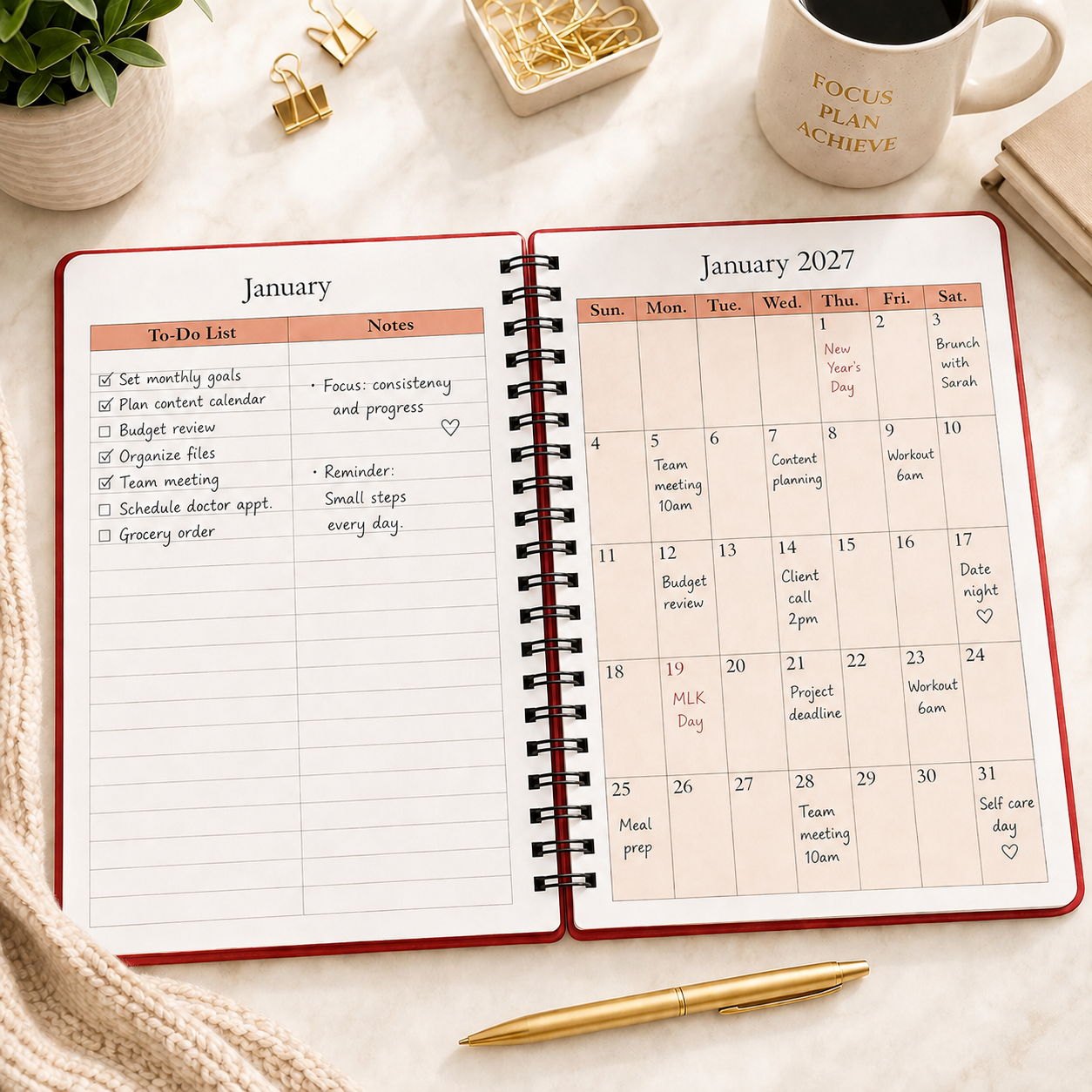 2027–2028 spiral planner open to January 2027 monthly calendar with notes and scheduled activities 