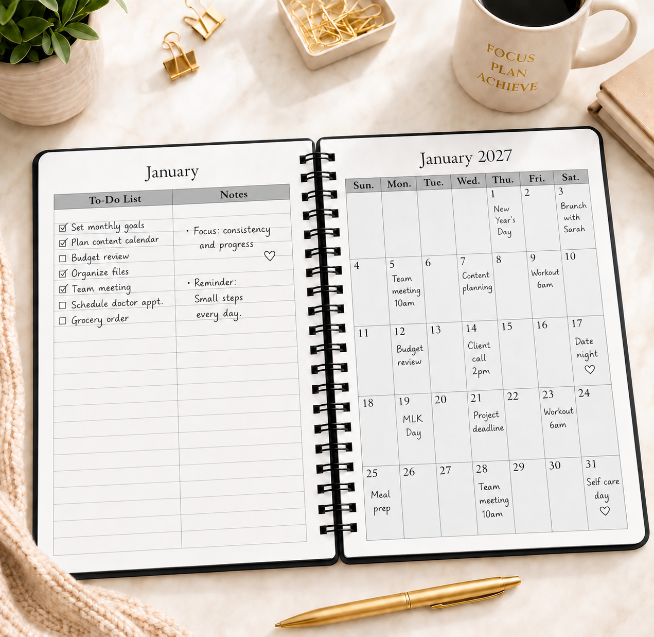 2027–2028 spiral planner open to January 2027 monthly calendar with notes and scheduled activities 