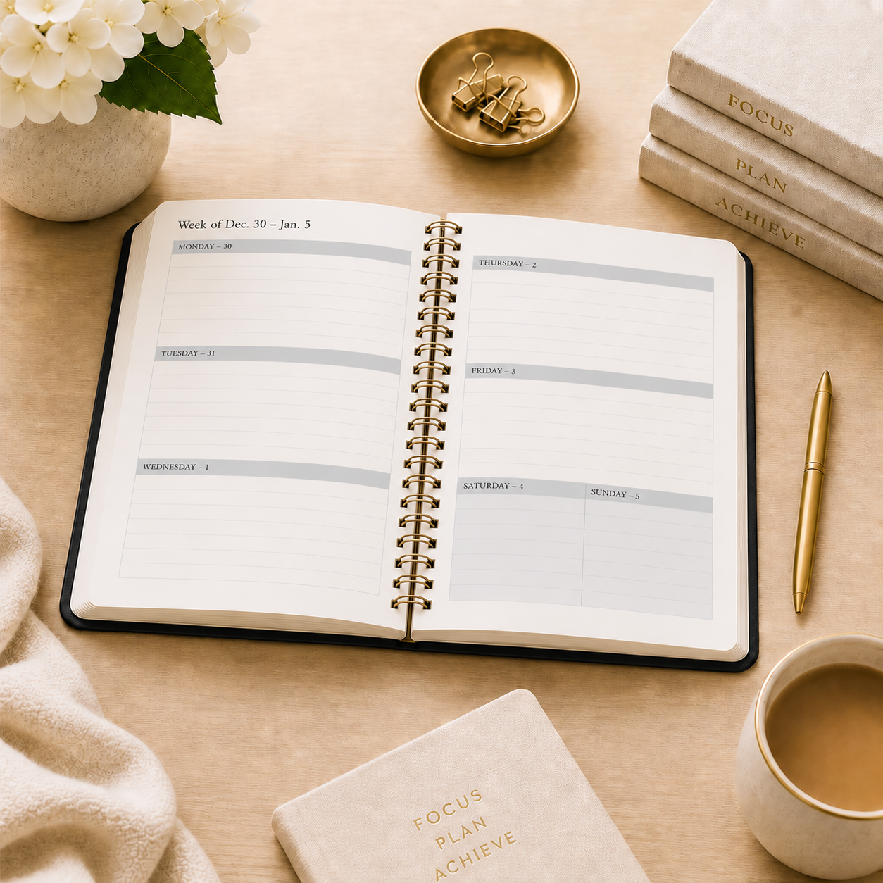 2027–2028 spiral planner open to weekly planning pages with daily writing space 