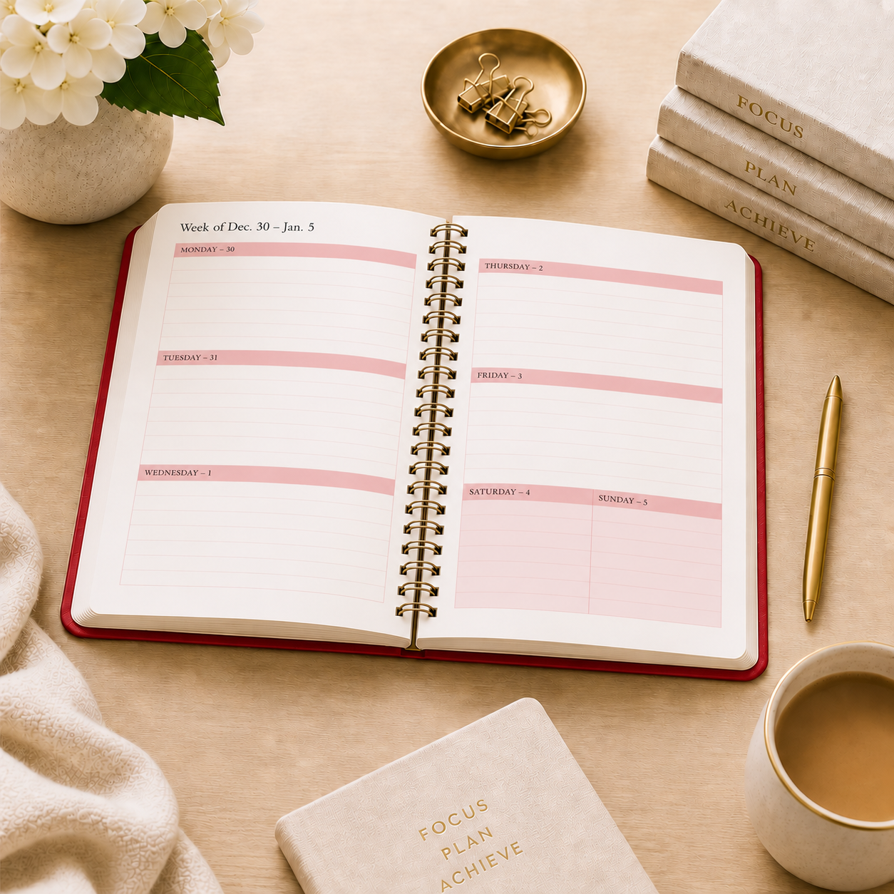 2027–2028 spiral planner open to weekly planning pages with daily writing space 
