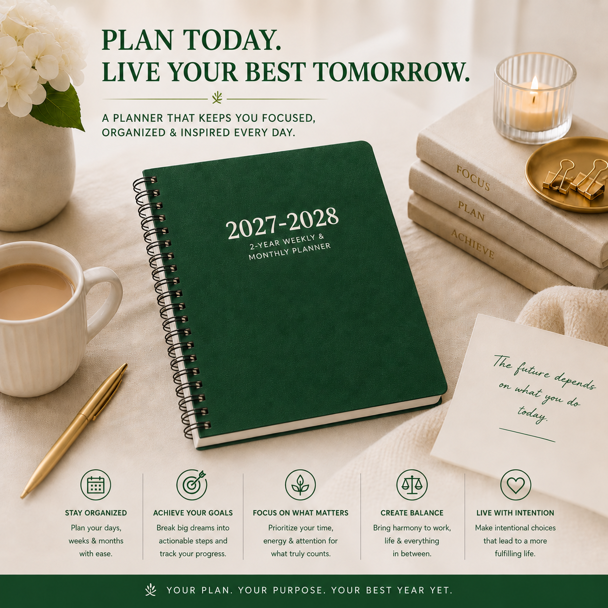 2027–2028 planner featuring organization, goal setting, focus, balance and intentional planning 