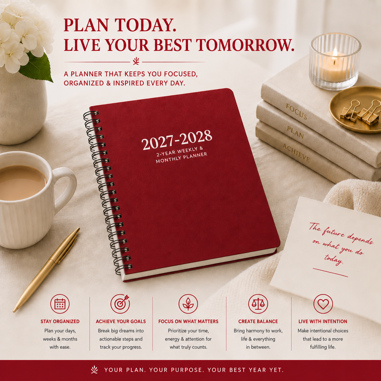 2027–2028 planner featuring organization, goal setting, focus, balance and intentional planning 