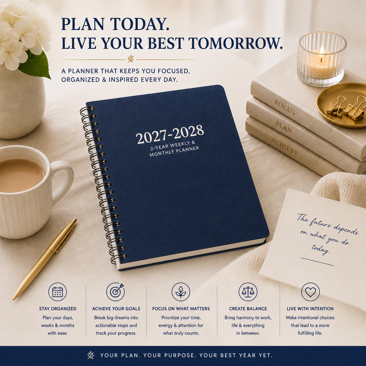 2027–2028 planner featuring organization, goal setting, focus, balance and intentional planning 