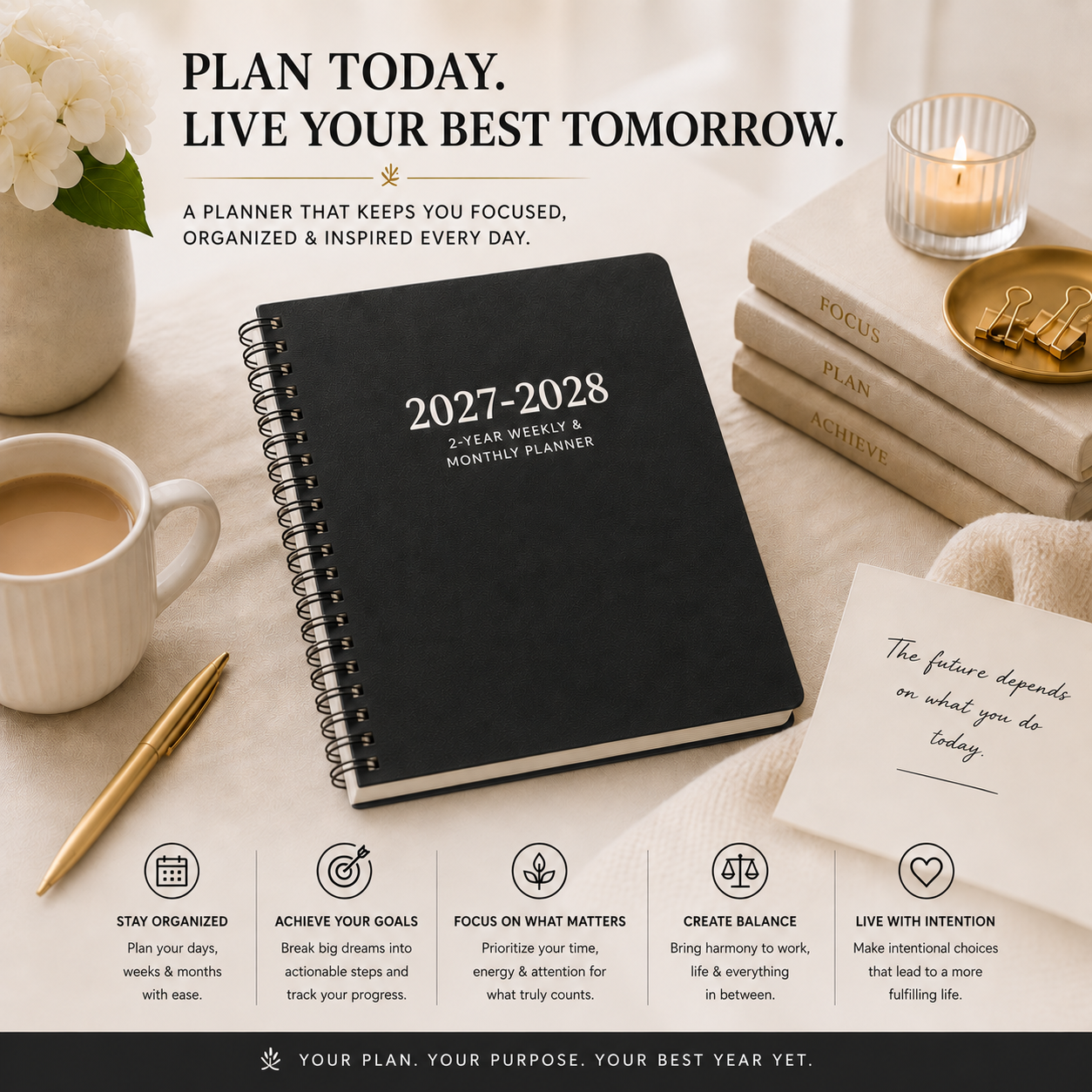 2027–2028 planner featuring organization, goal setting, focus, balance and intentional planning 