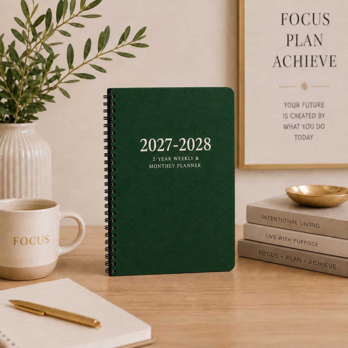 Green 2027–2028 2-year weekly and monthly spiral planner displayed on a workspace 