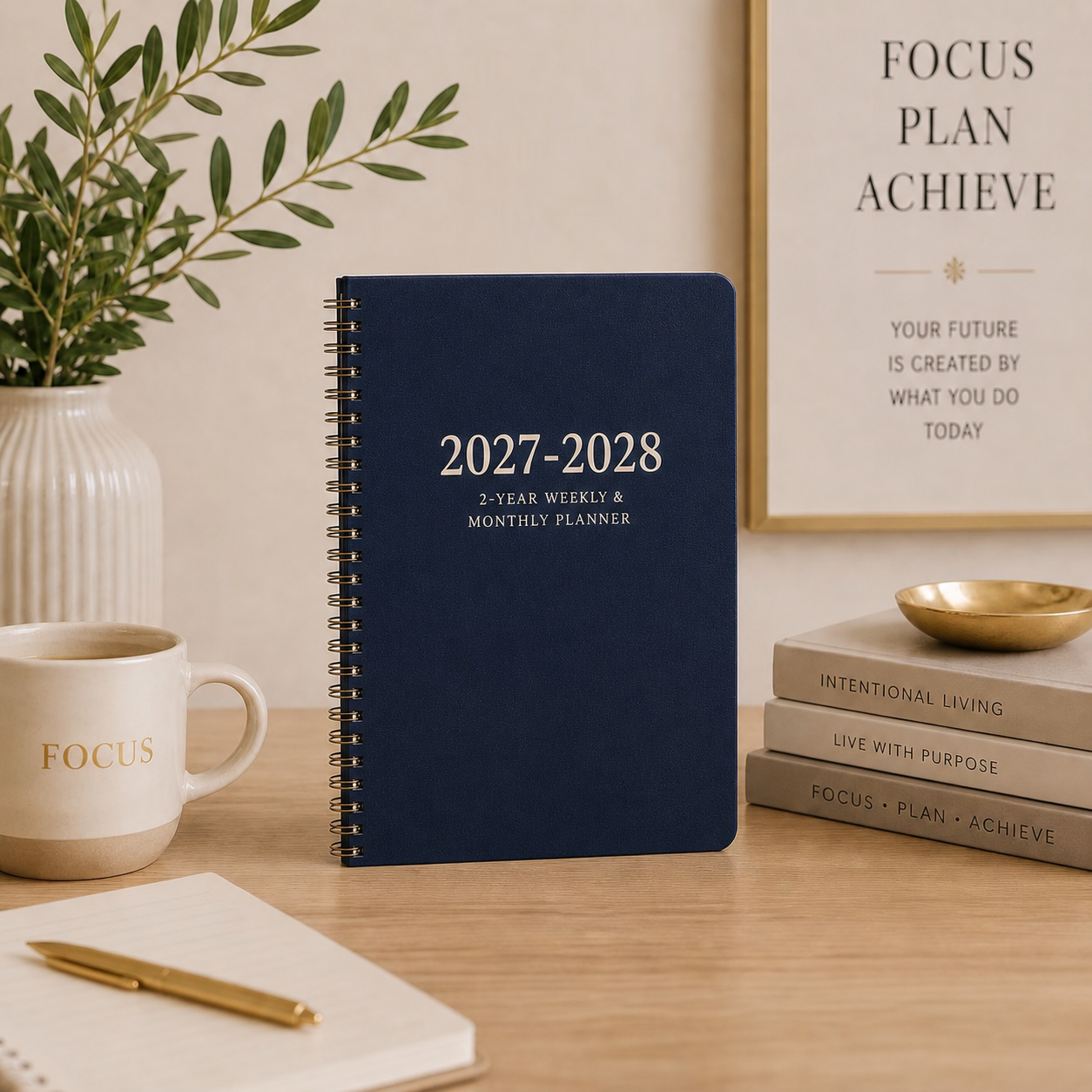 Navy blue 2027–2028 2-year weekly and monthly spiral planner displayed on a workspace 
