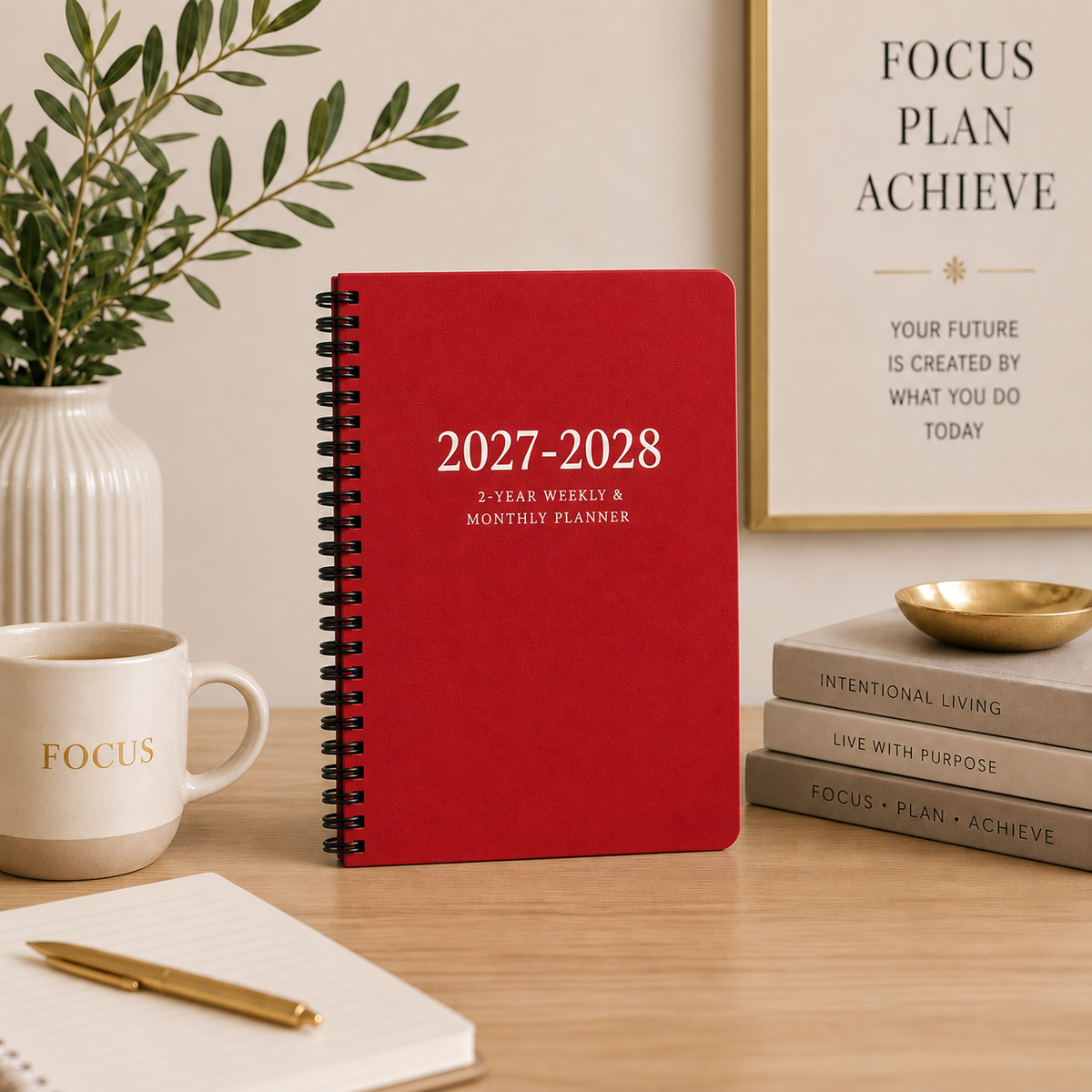Red 2027–2028 2-year weekly and monthly spiral planner displayed on a workspace 