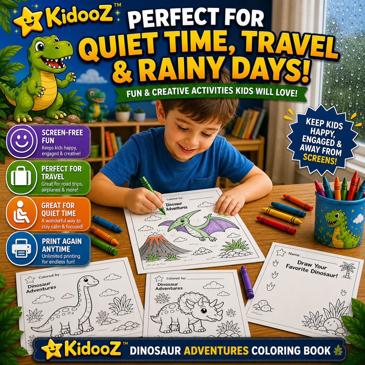 Kidooz Dinosaur Coloring Book for Kids Digital Download – Printable Dino Coloring Pages for Toddlers, Preschoolers & Children Ages 4–7