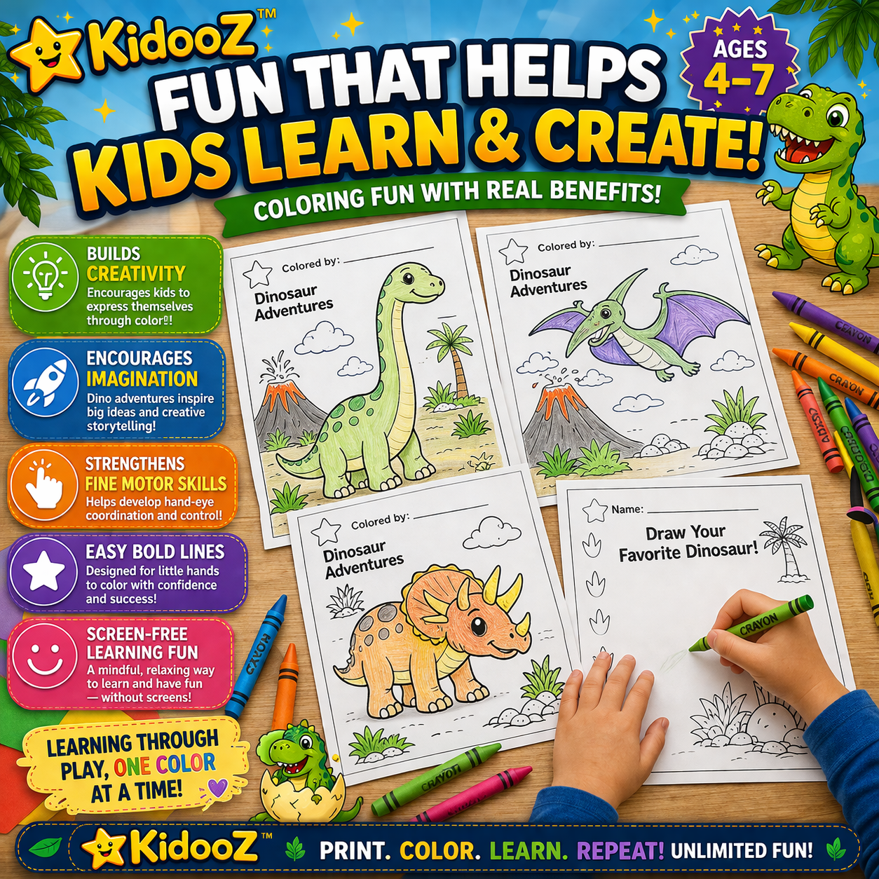 Kidooz Dinosaur Coloring Book for Kids Digital Download – Printable Dino Coloring Pages for Toddlers, Preschoolers & Children Ages 4–7
