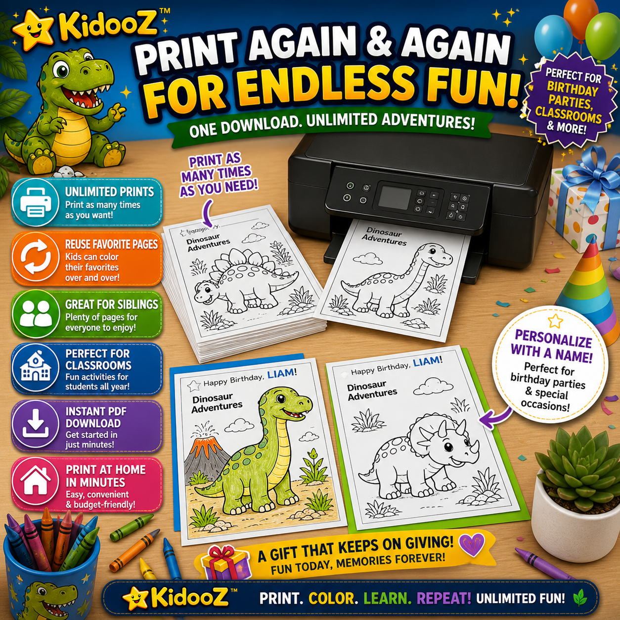 Kidooz Dinosaur Coloring Book for Kids Digital Download – Printable Dino Coloring Pages for Toddlers, Preschoolers & Children Ages 4–7
