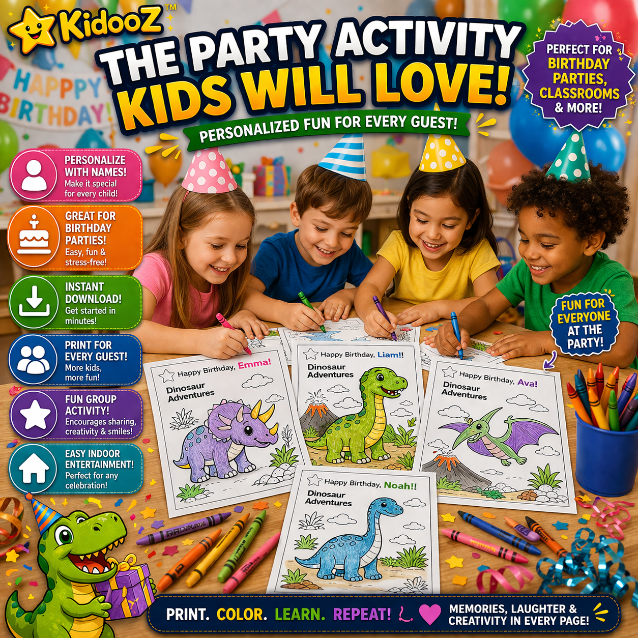 Kidooz Dinosaur Coloring Book for Kids Digital Download – Printable Dino Coloring Pages for Toddlers, Preschoolers & Children Ages 4–7