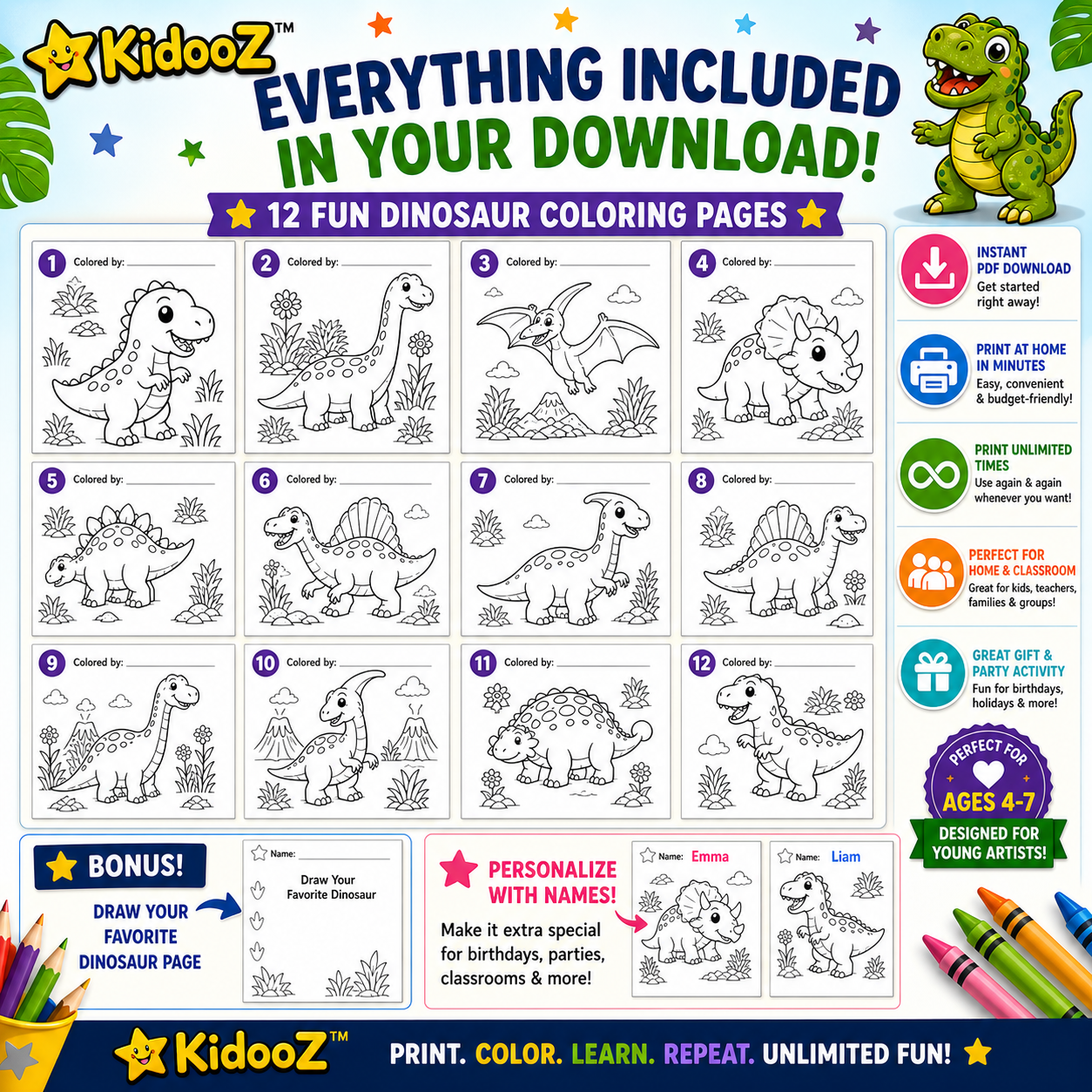 Kidooz Dinosaur Coloring Book for Kids Digital Download – Printable Dino Coloring Pages for Toddlers, Preschoolers & Children Ages 4–7