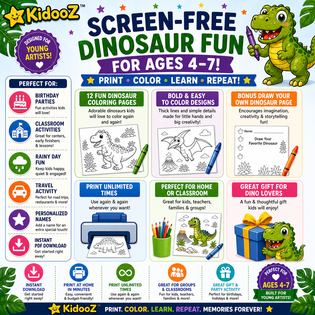 Kidooz Dinosaur Coloring Book for Kids Digital Download – Printable Dino Coloring Pages for Toddlers, Preschoolers & Children Ages 4–7