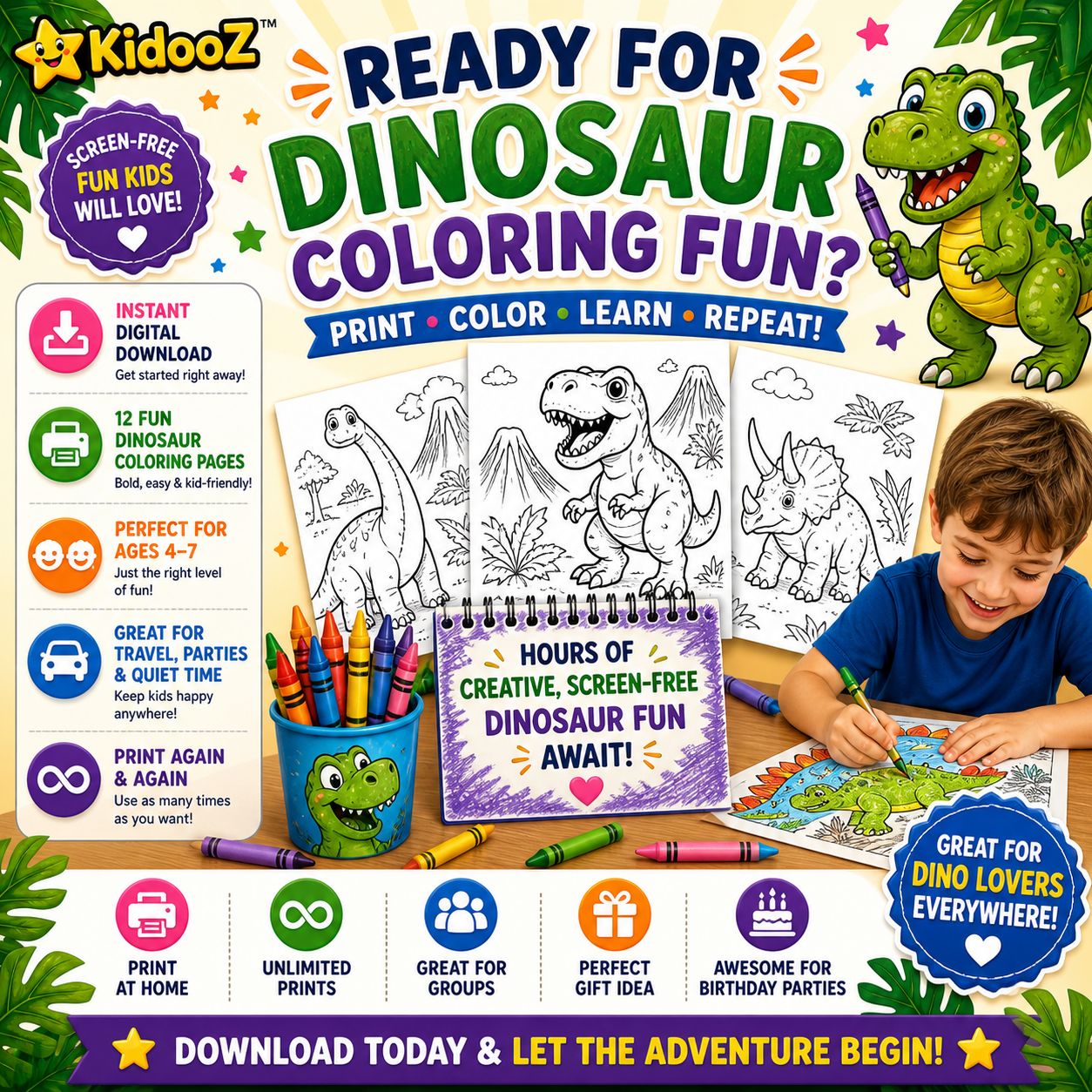 Kidooz Dinosaur Coloring Book for Kids Digital Download – Printable Dino Coloring Pages for Toddlers, Preschoolers & Children Ages 4–7