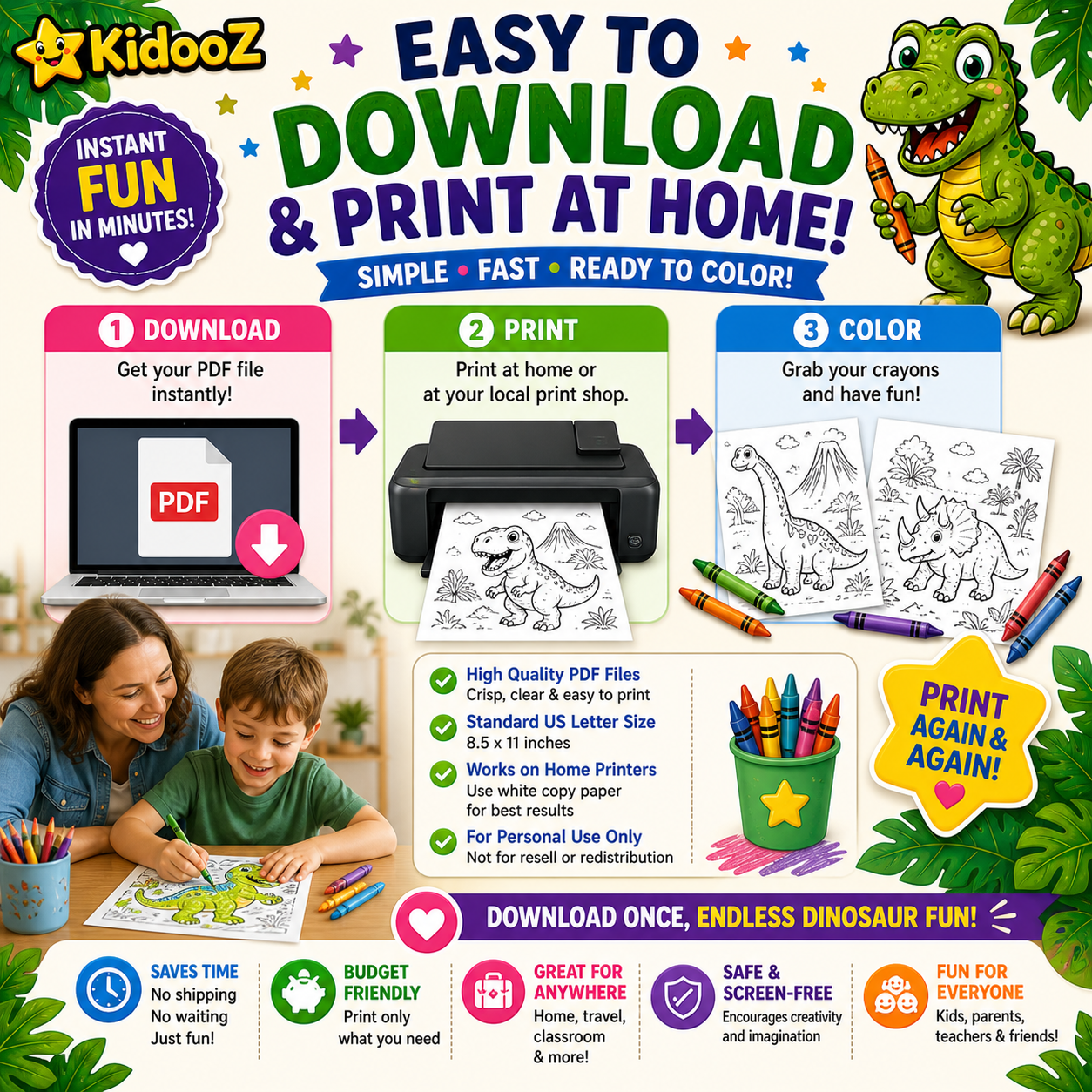 Kidooz Dinosaur Coloring Book for Kids Digital Download – Printable Dino Coloring Pages for Toddlers, Preschoolers & Children Ages 4–7