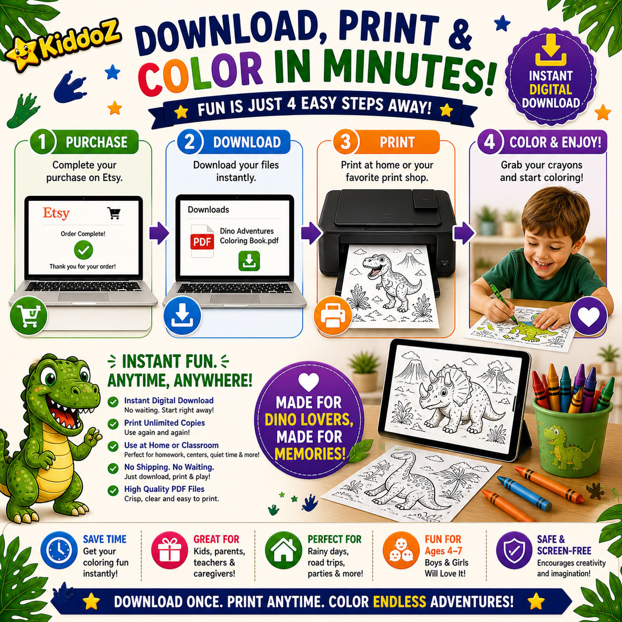Kidooz Dinosaur Coloring Book for Kids Digital Download – Printable Dino Coloring Pages for Toddlers, Preschoolers & Children Ages 4–7