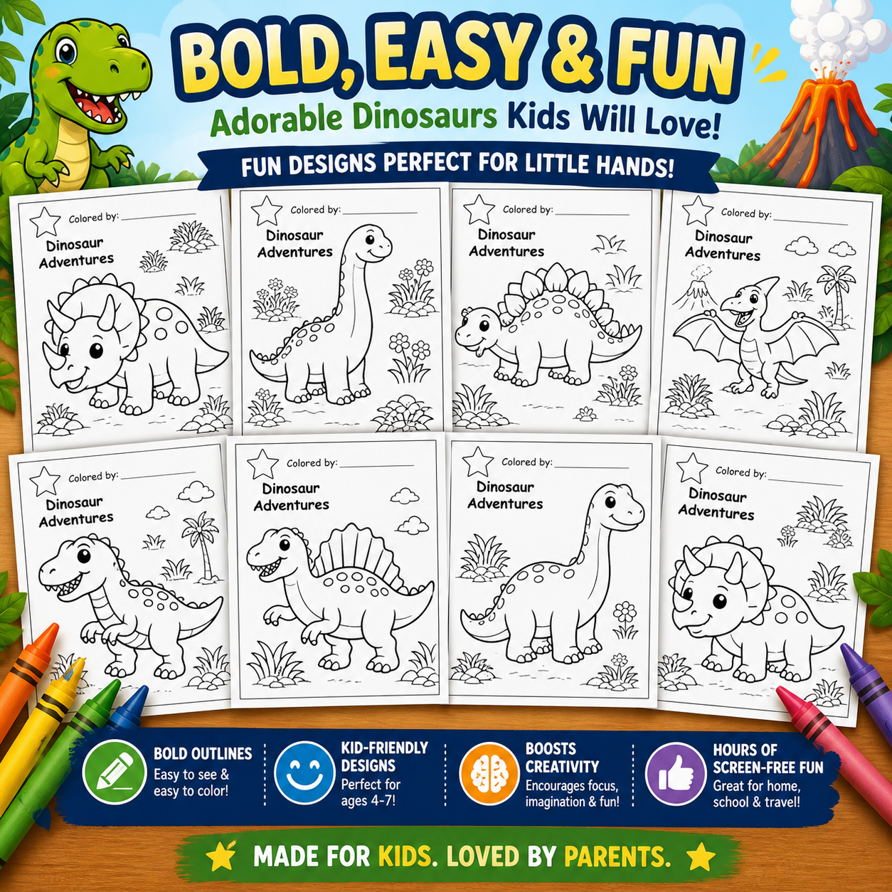 Kidooz Dinosaur Coloring Book for Kids Digital Download – Printable Dino Coloring Pages for Toddlers, Preschoolers & Children Ages 4–7