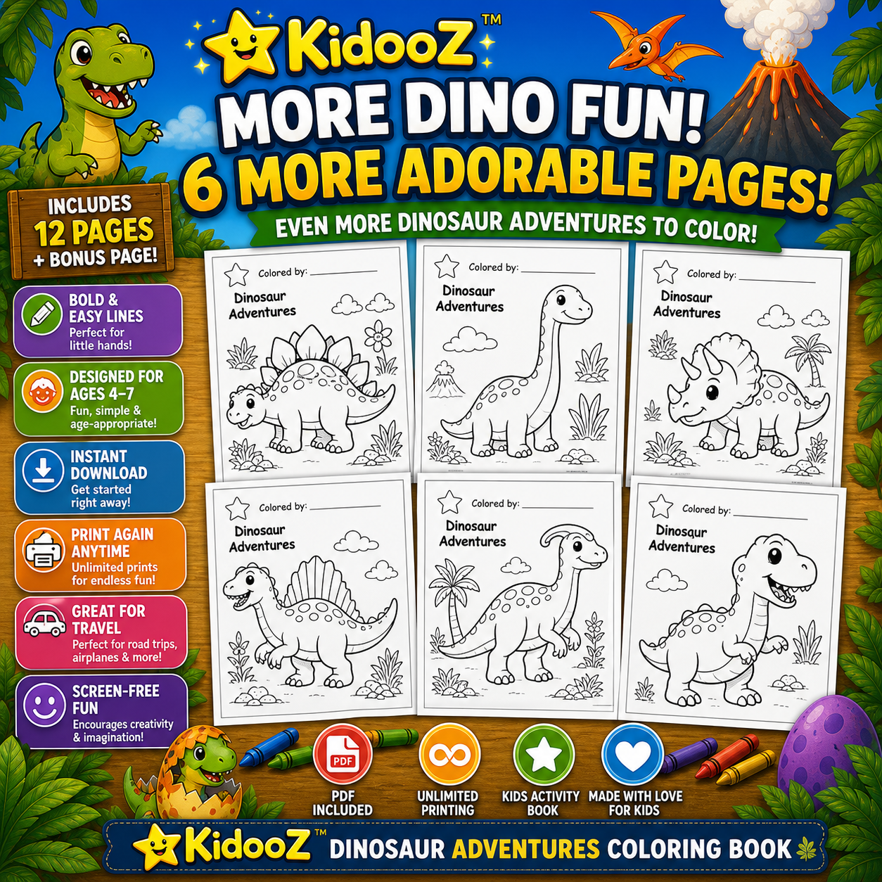 Kidooz Dinosaur Coloring Book for Kids Digital Download – Printable Dino Coloring Pages for Toddlers, Preschoolers & Children Ages 4–7