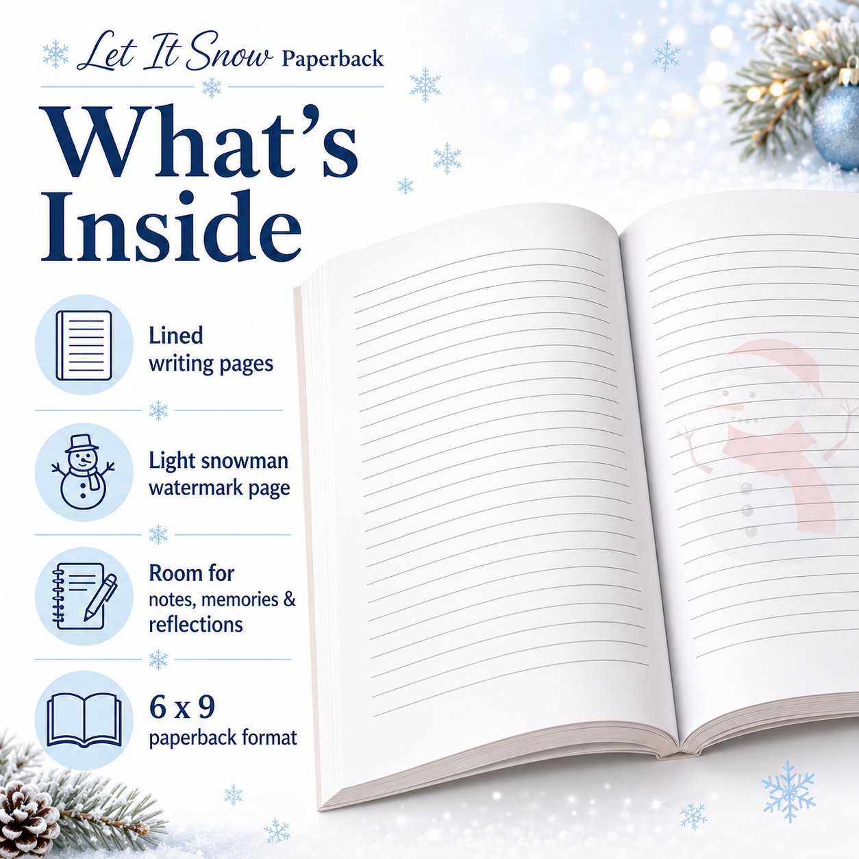 Let It Snow Christmas Journal 6x9 Paperback | Holiday Snowman Notebook, Winter Writing Journal & Christmas Gift