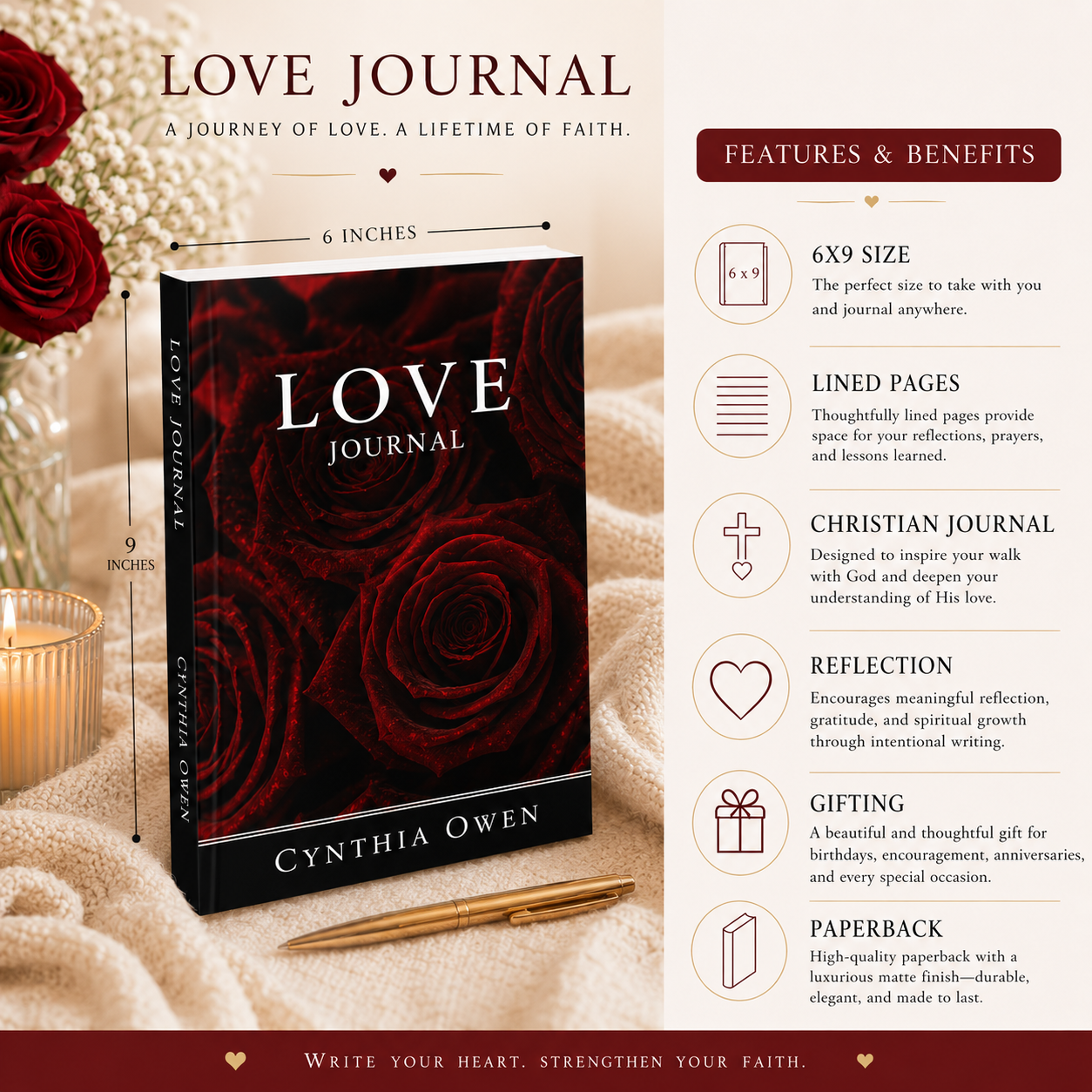 Love Journal product details showing 6x9 paperback 120 lined pages scriptures declarations and writing pages