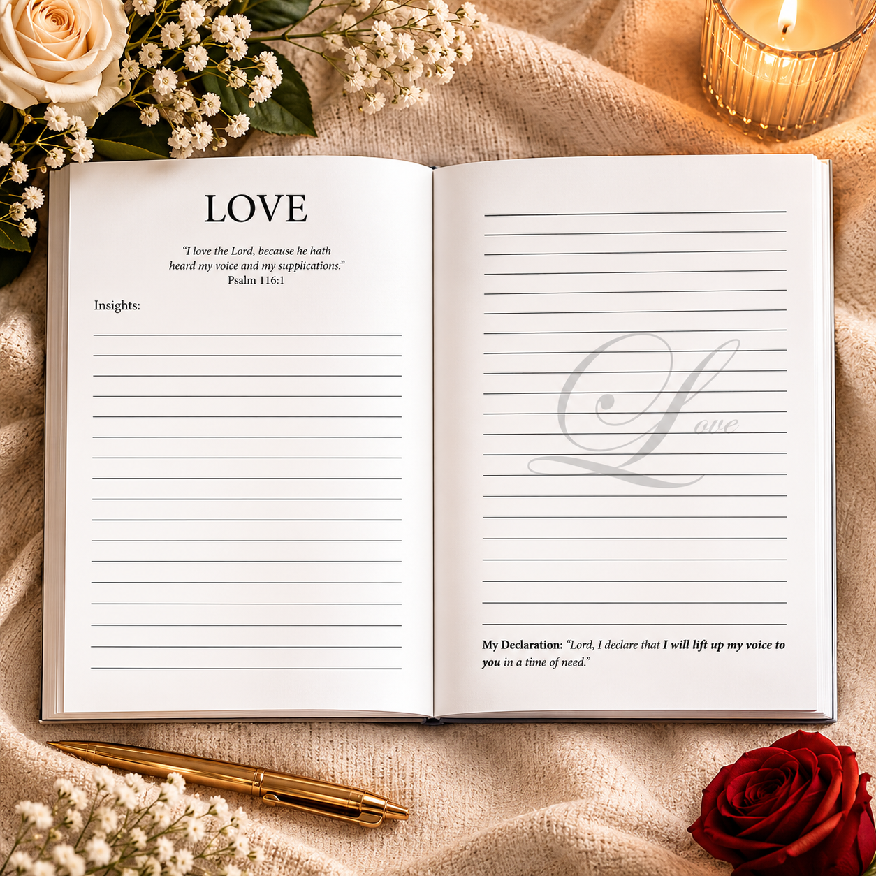 Open Love Journal inside pages showing lined writing pages for prayer Bible study notes and scripture reflection