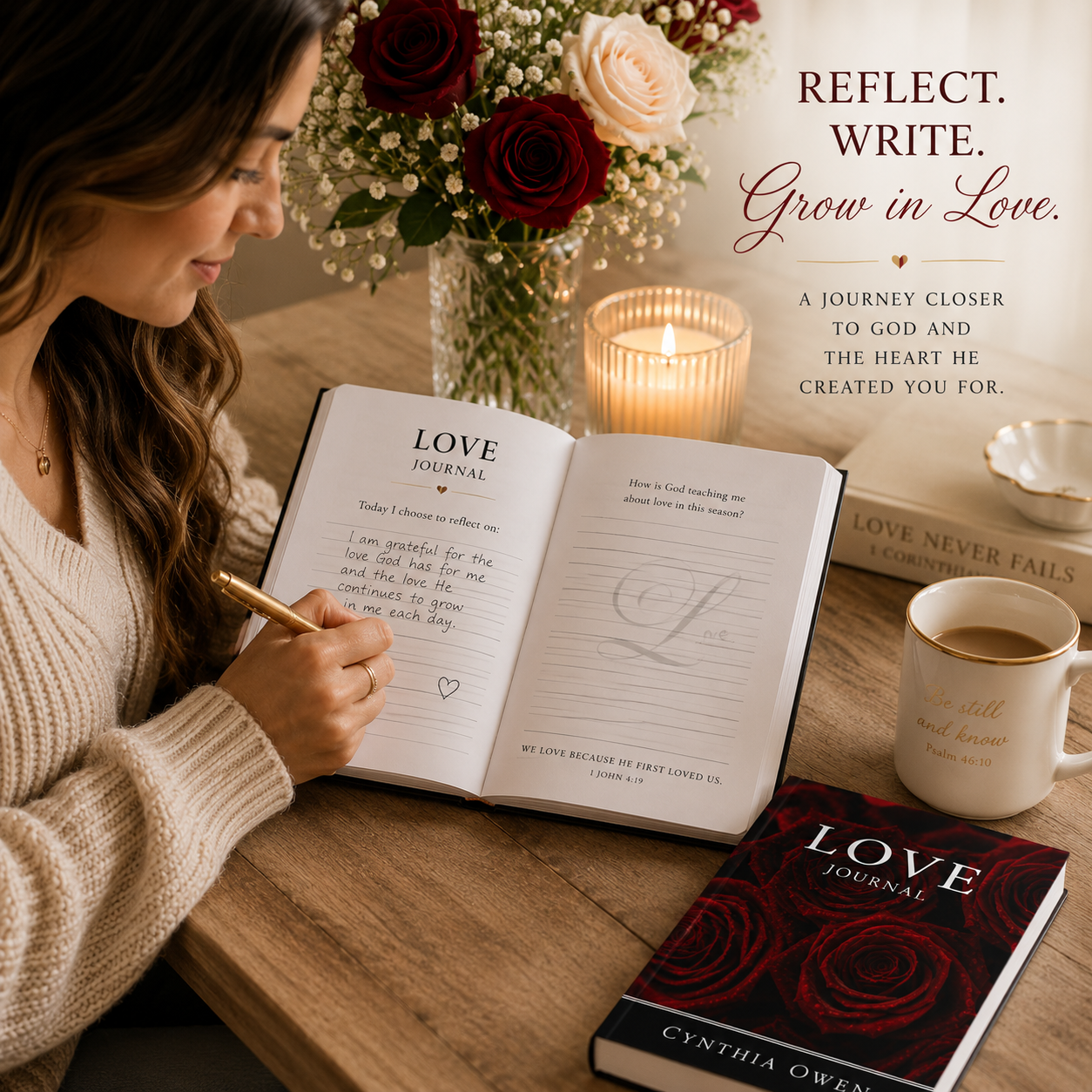 Woman writing in Love Journal during quiet time prayer journaling and Christian devotional reflection