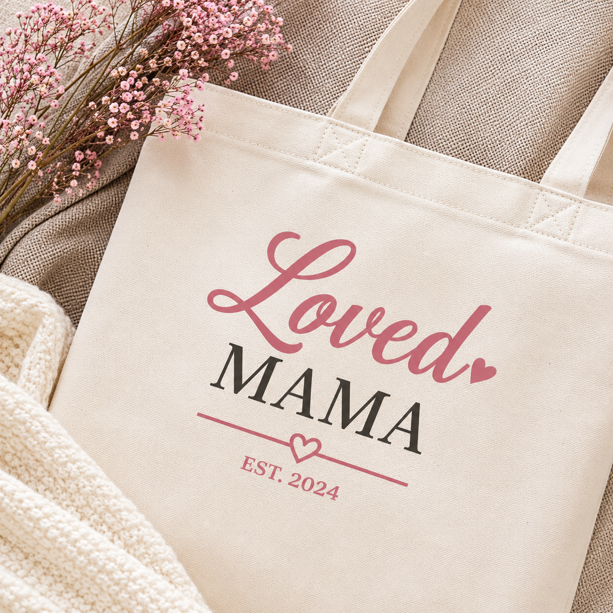 Loved Mama Cotton Canvas Tote Bag — Natural Script Typography Everyday Carry