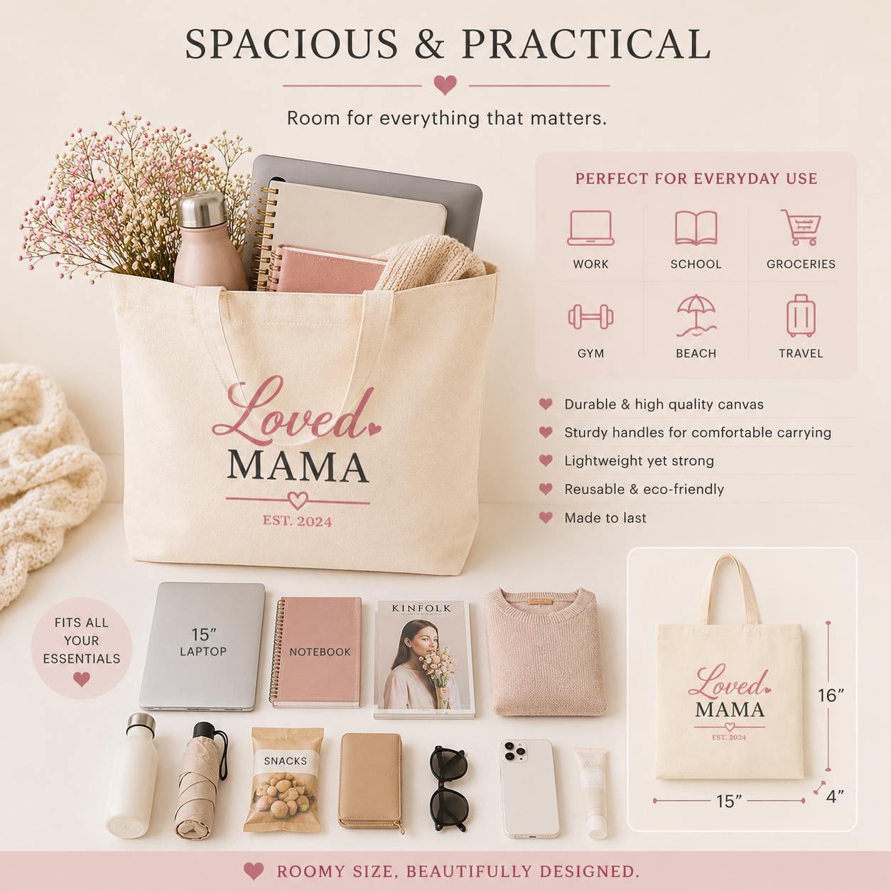 Loved Mama Cotton Canvas Tote Bag — Natural Script Typography Everyday Carry