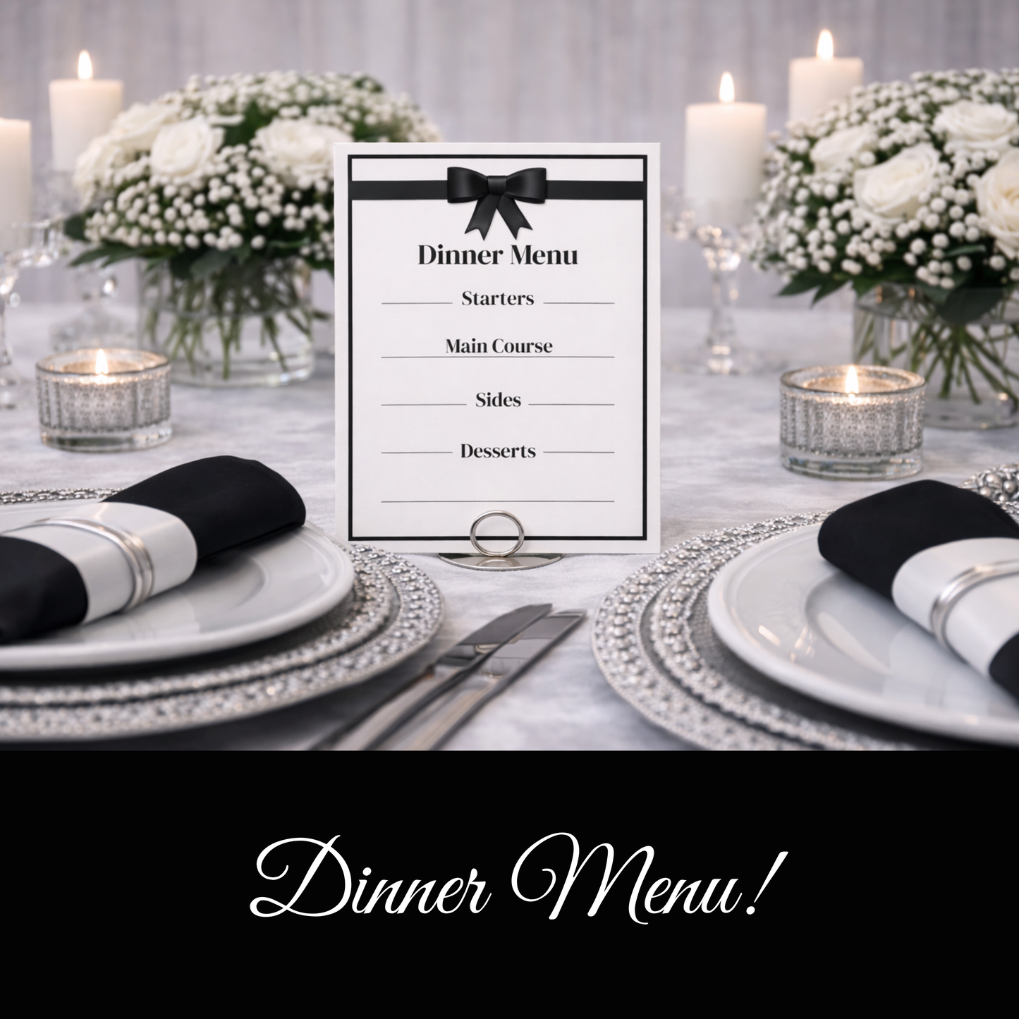 Digital Black & White Elegant Hostess Kit: Bottle Hangers, Table Cards, Reserved Seating, Menu and Party Printables Set