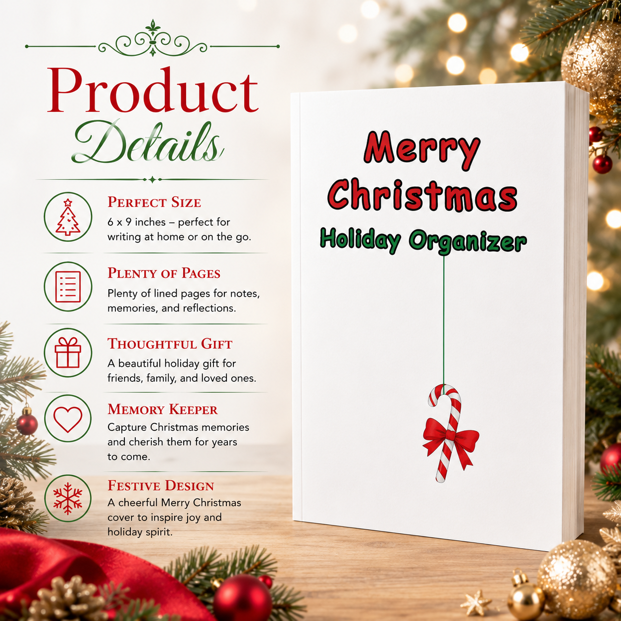 Merry Christmas Holiday Organizer Paperback – 6x9 Christmas Planner Journal for Gift Lists, Holiday To-Dos, Notes, Planning & Memories