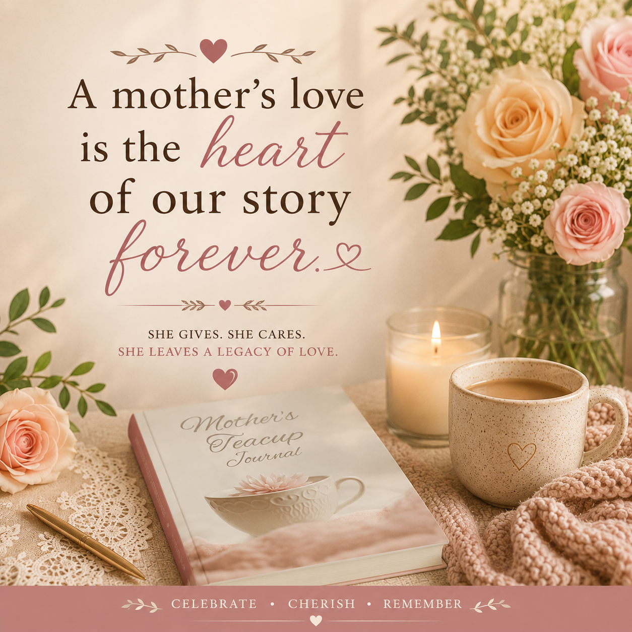 A mother’s love quote image with Mother’s Teacup Journal tea cup flowers candle and keepsake gift styling