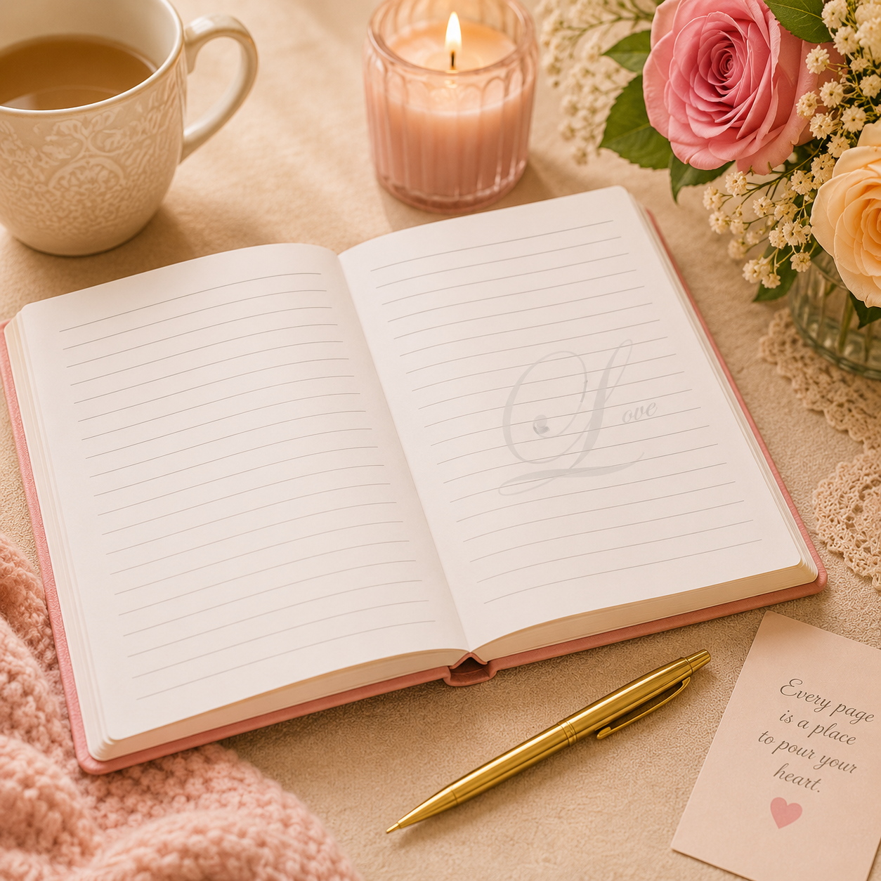 Open Mother’s Teacup Journal writing pages with pencil tea cup candle and roses for journaling and reflection