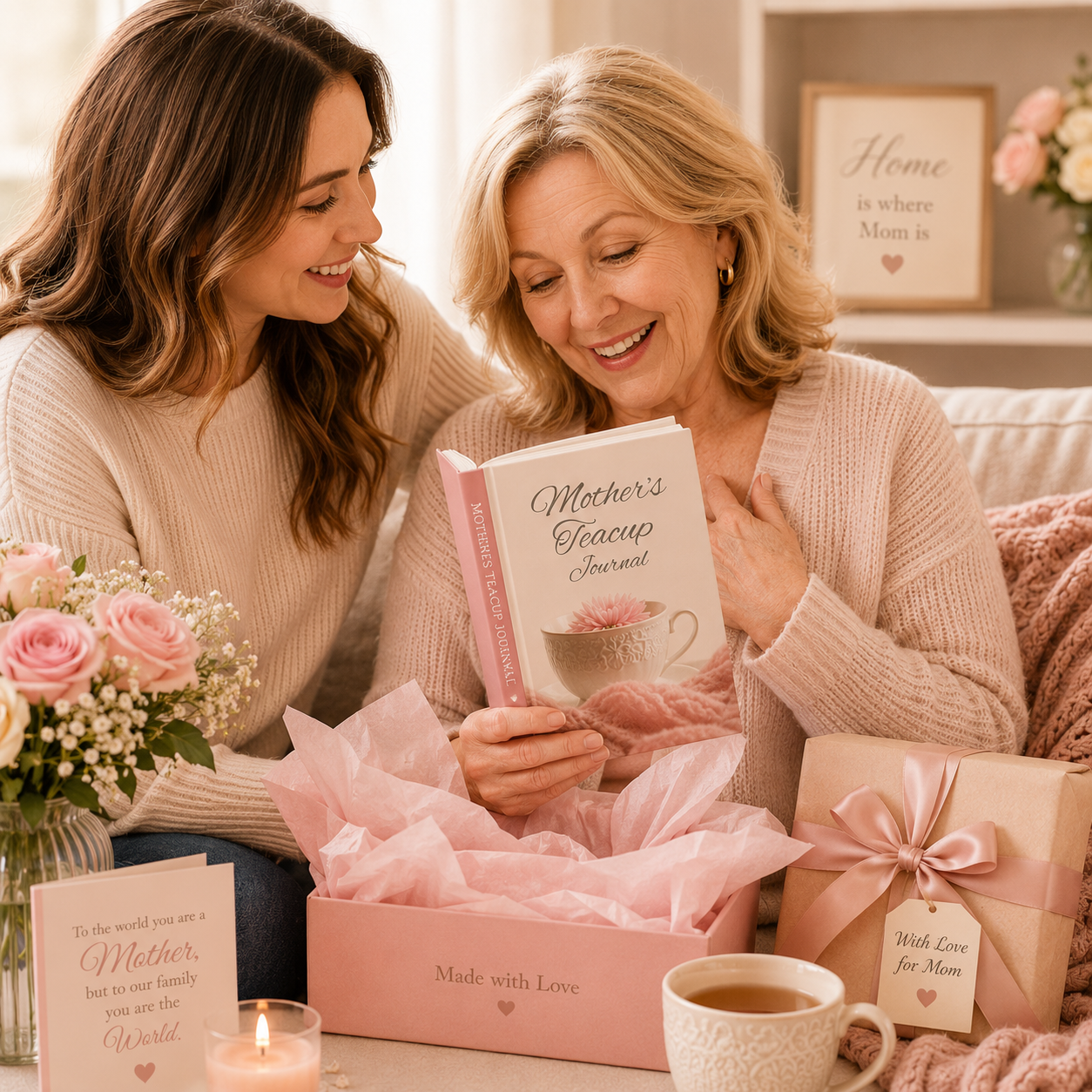 Mother and daughter gift lifestyle image with Mother’s Teacup Journal for meaningful mom gift and keepsake writing