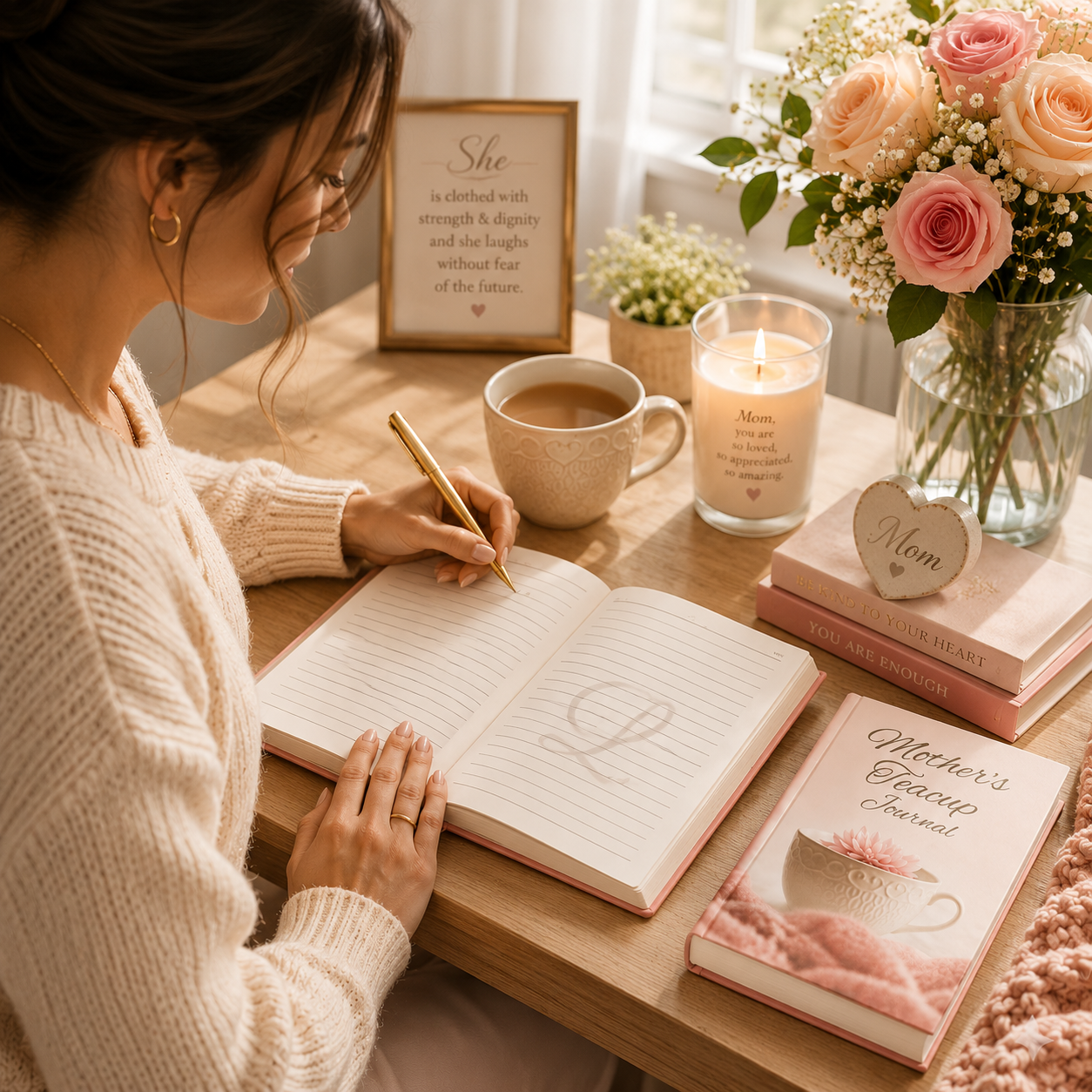 Woman writing in Mother’s Teacup Journal during quiet time with tea flowers and soft reflection setting
