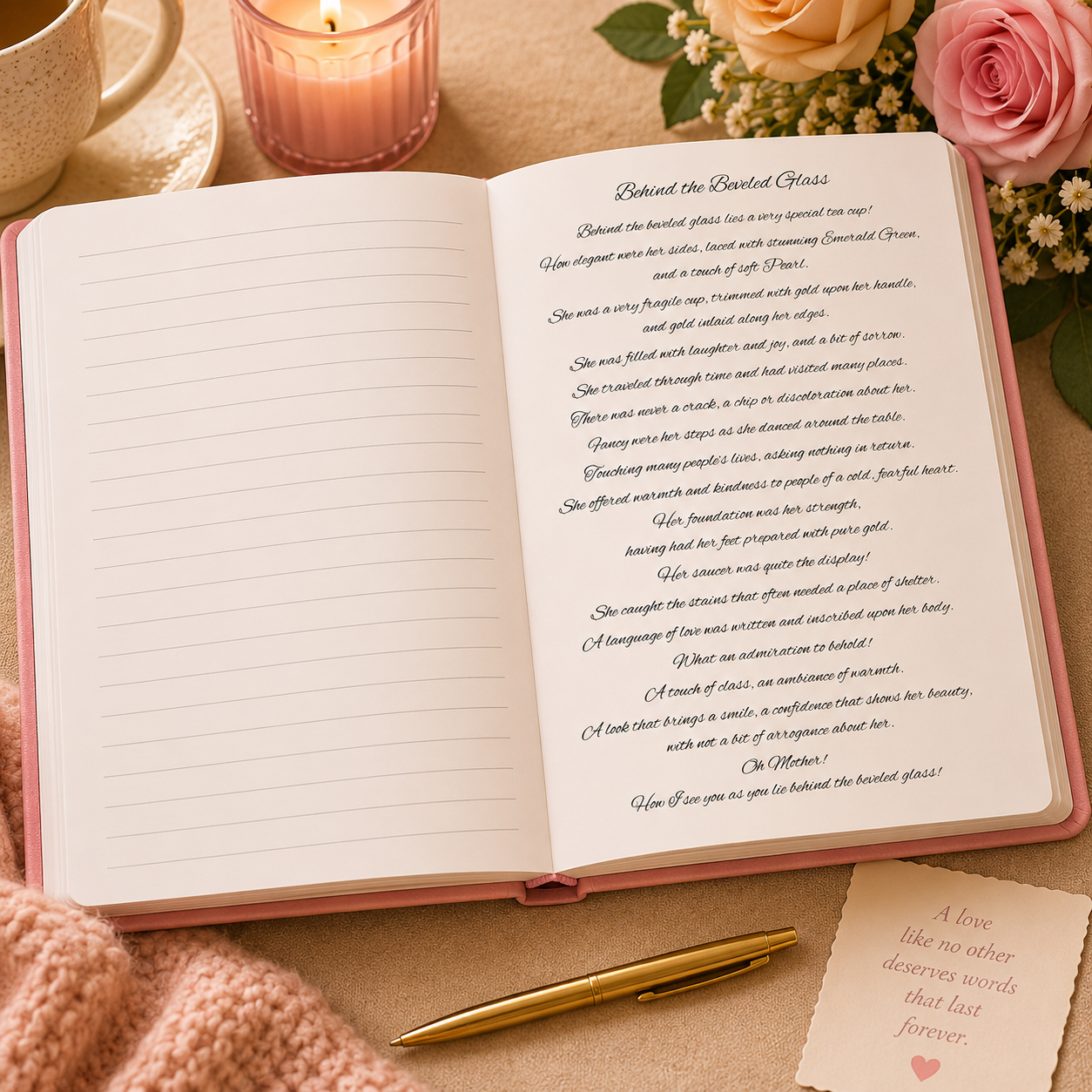 Open Mother’s Teacup Journal inside pages showing lined writing pages for prayer reflection memories and daily thoughts