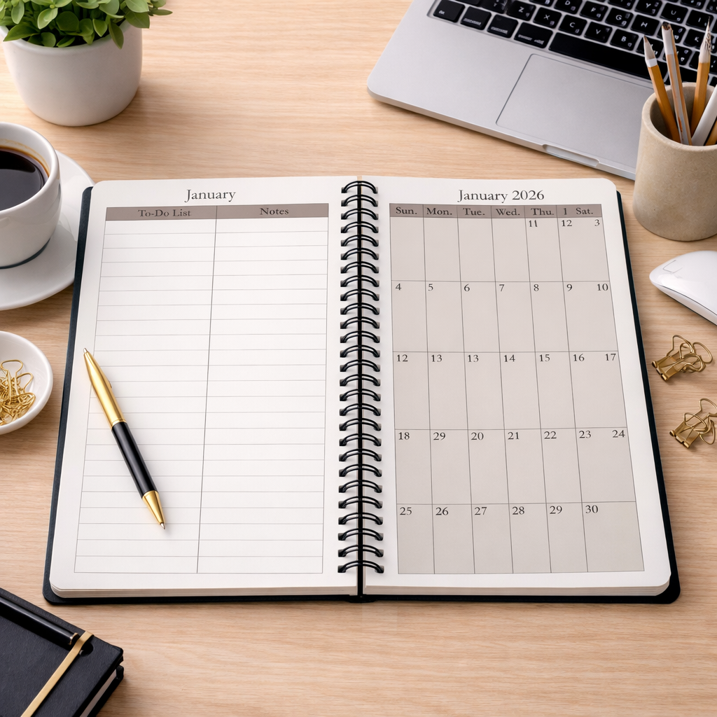 2026 Weekly & Monthly Planner, Black 6x9 Spiral-Bound Organizer