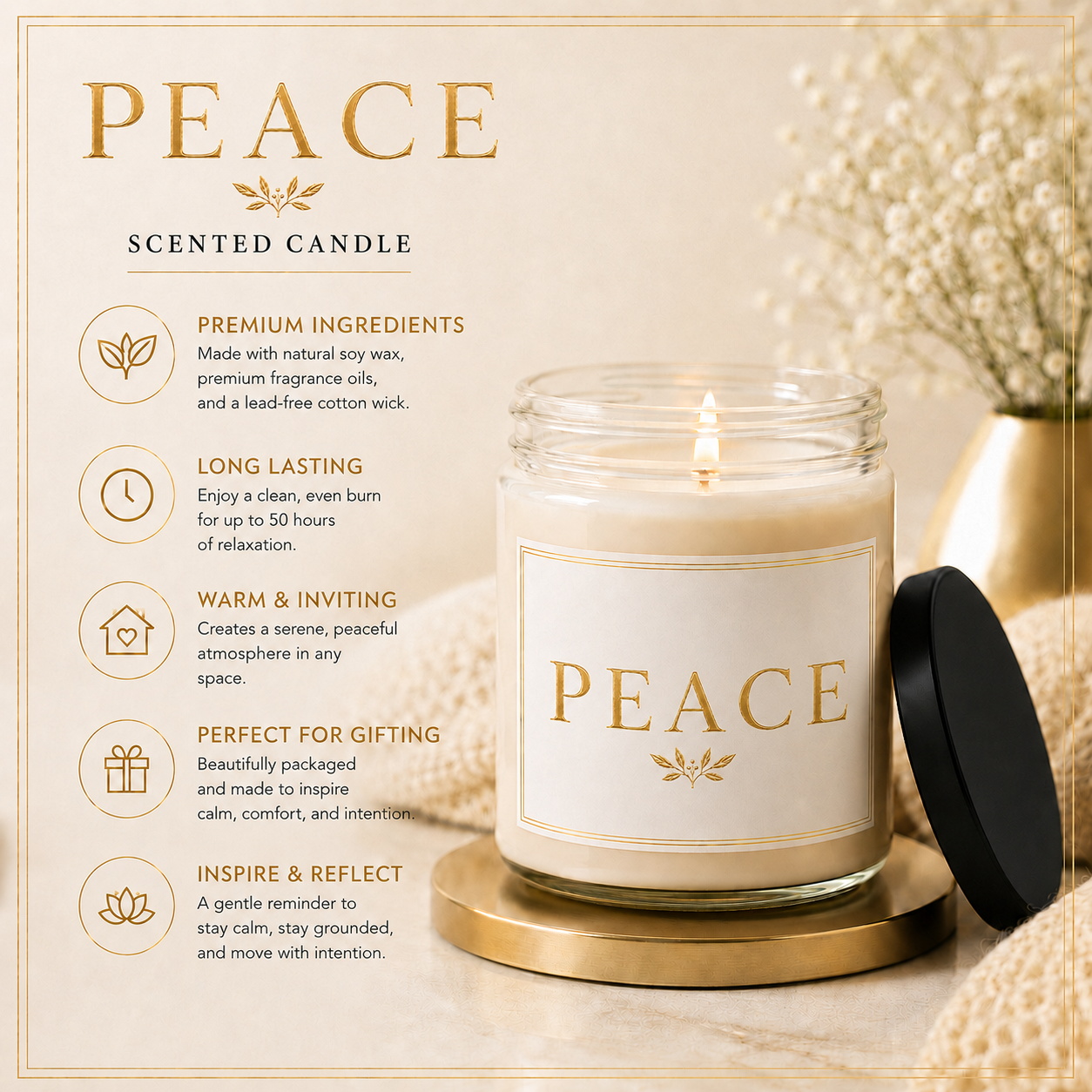Peace Minimalist Soy Candle, 9oz., Scented