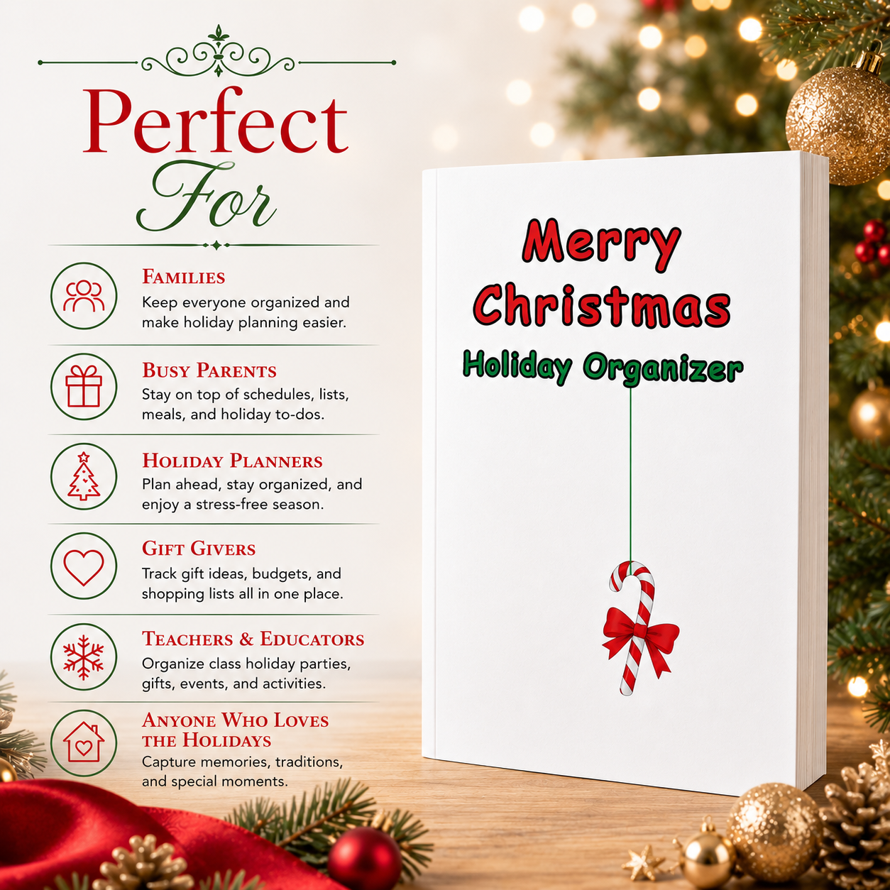 Merry Christmas Holiday Organizer Paperback – 6x9 Christmas Planner Journal for Gift Lists, Holiday To-Dos, Notes, Planning & Memories
