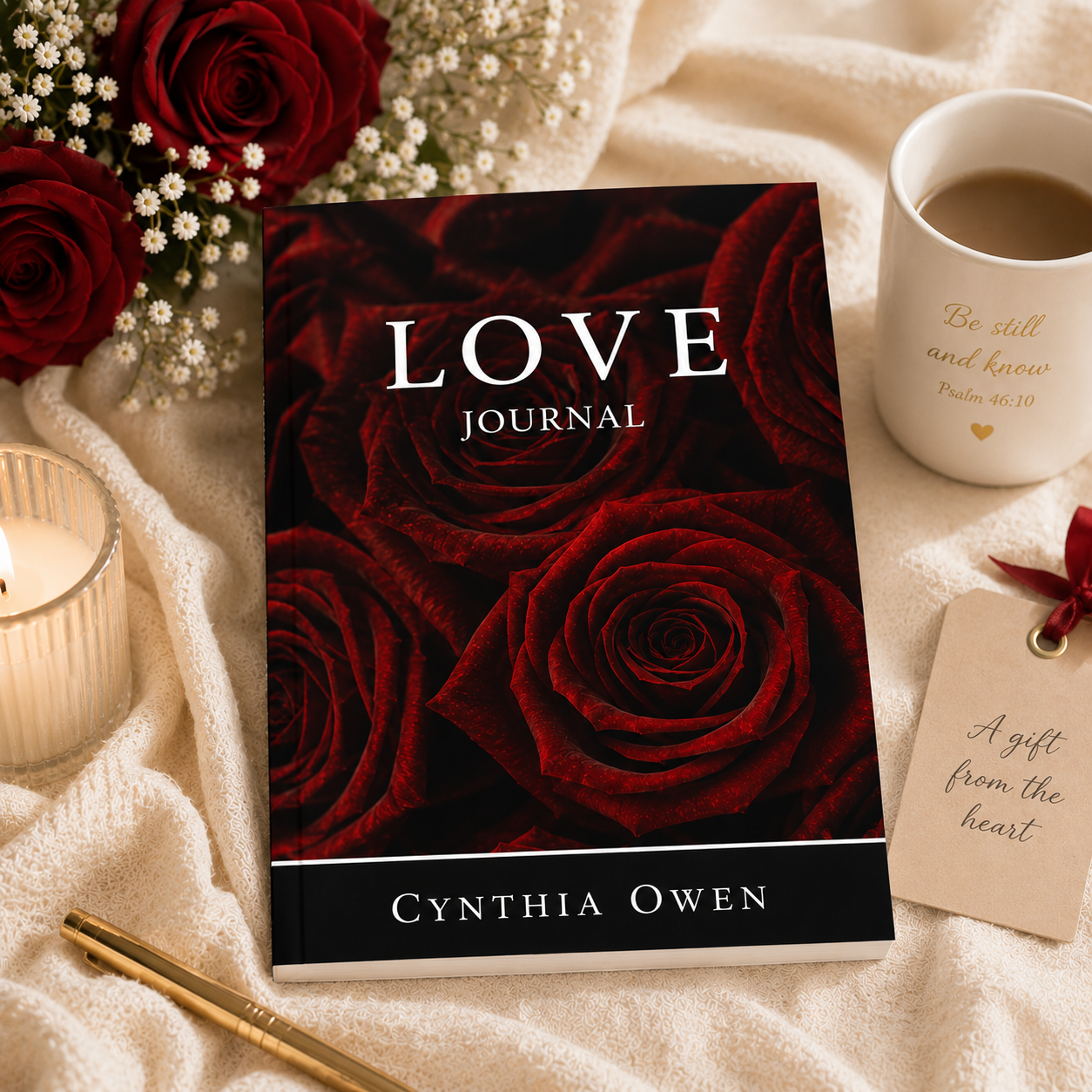 Love Journal flat lay with candle and mug for Christian quiet time scripture reflection and prayer