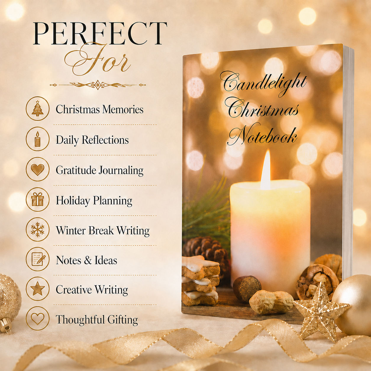 Candlelight Christmas Notebook – 6x9 Holiday Writing Journal for Christmas Memories, Daily Reflections, Winter Break Notes & Elegant Gift
