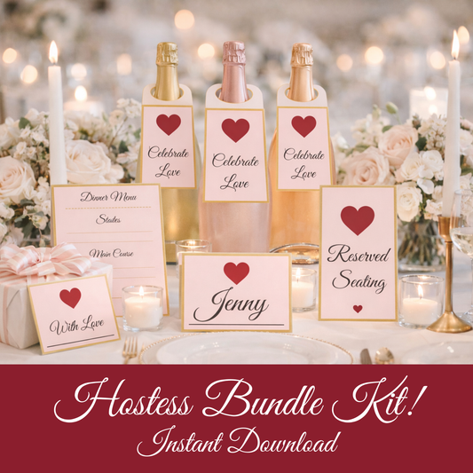Romantic Pink & Gold Hostess Kit: Heart-Themed Wedding and Party Table Decor Printable Set with Bottle Hangers, Menu, Place Cards