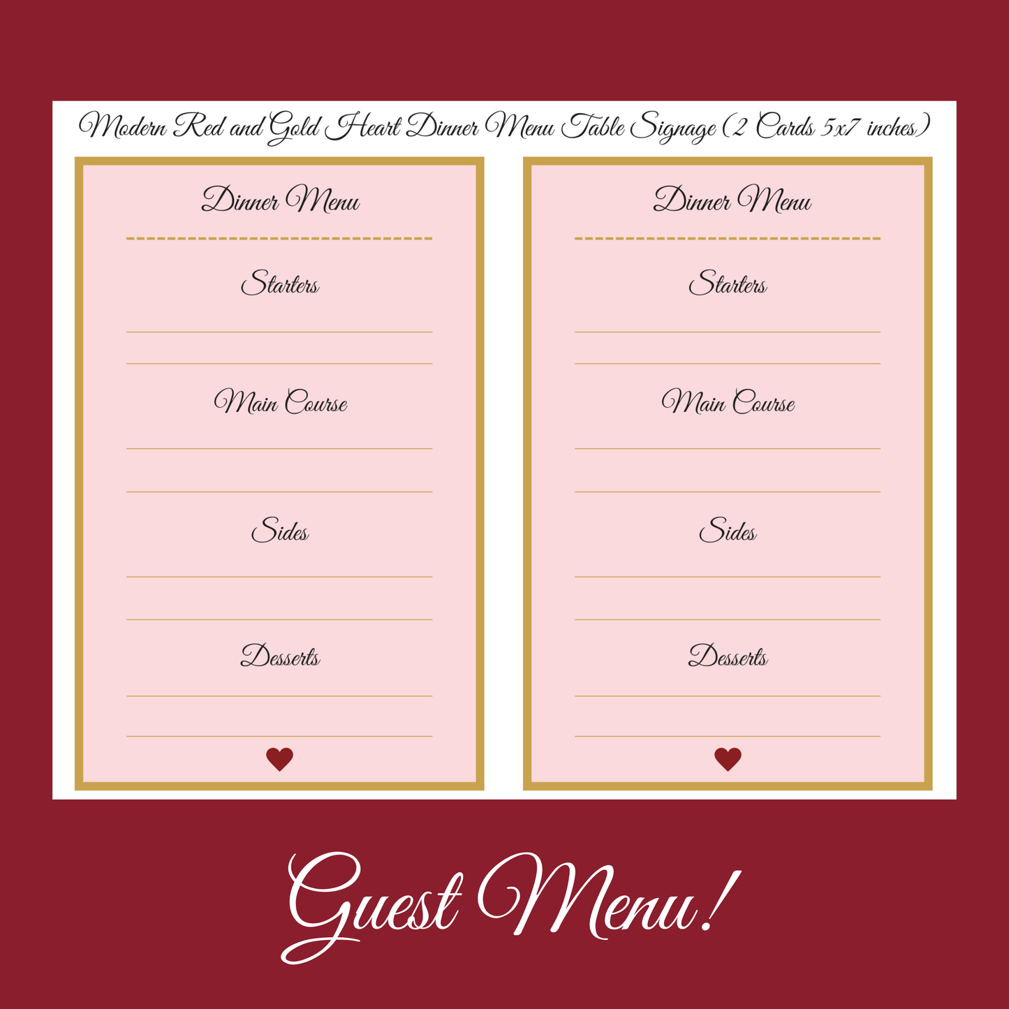 Romantic Pink & Gold Hostess Kit: Heart-Themed Wedding and Party Table Decor Printable Set with Bottle Hangers, Menu, Place Cards