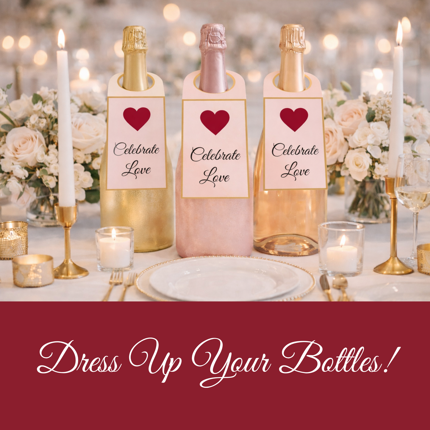 Romantic Pink & Gold Hostess Kit: Heart-Themed Wedding and Party Table Decor Printable Set with Bottle Hangers, Menu, Place Cards