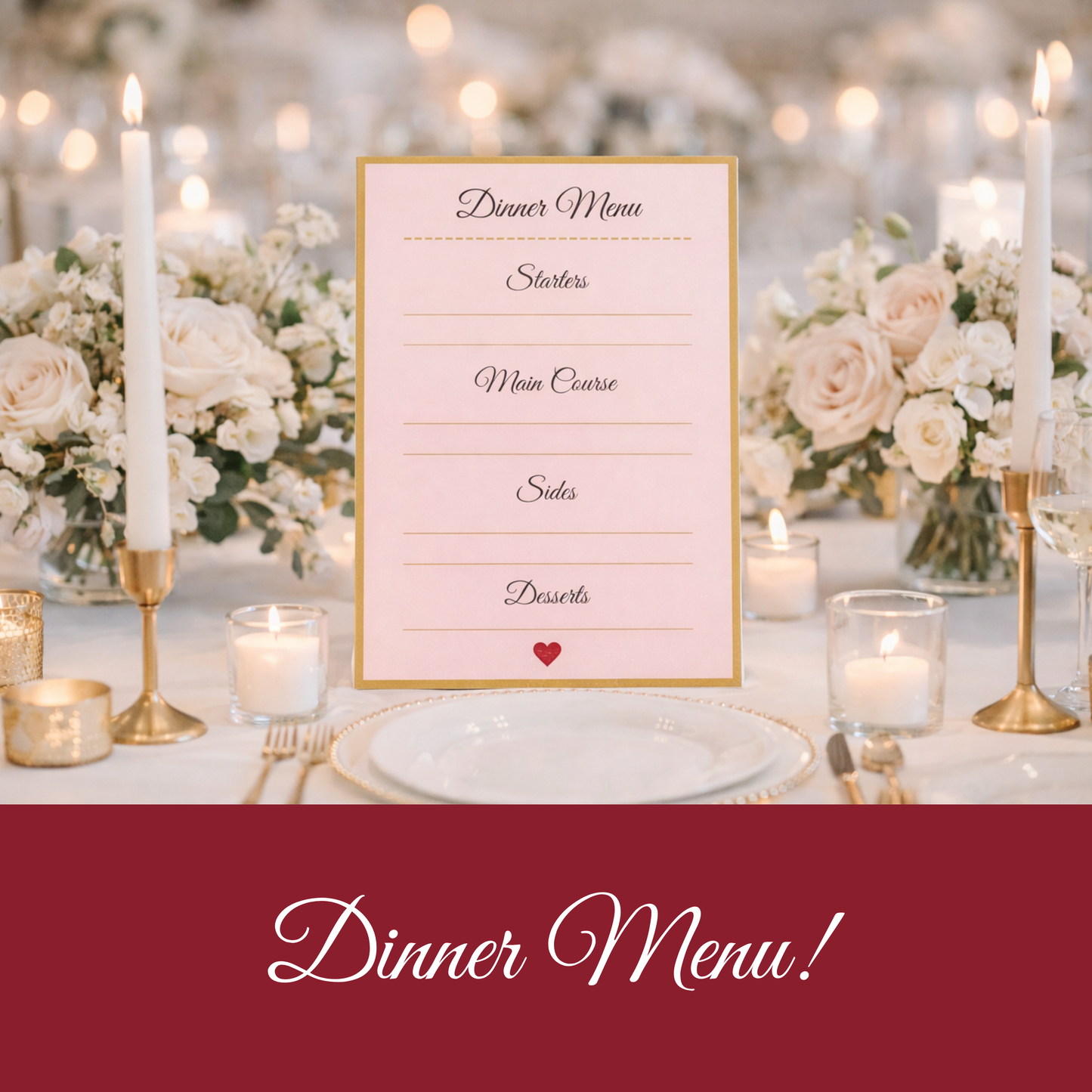 Romantic Pink & Gold Hostess Kit: Heart-Themed Wedding and Party Table Decor Printable Set with Bottle Hangers, Menu, Place Cards