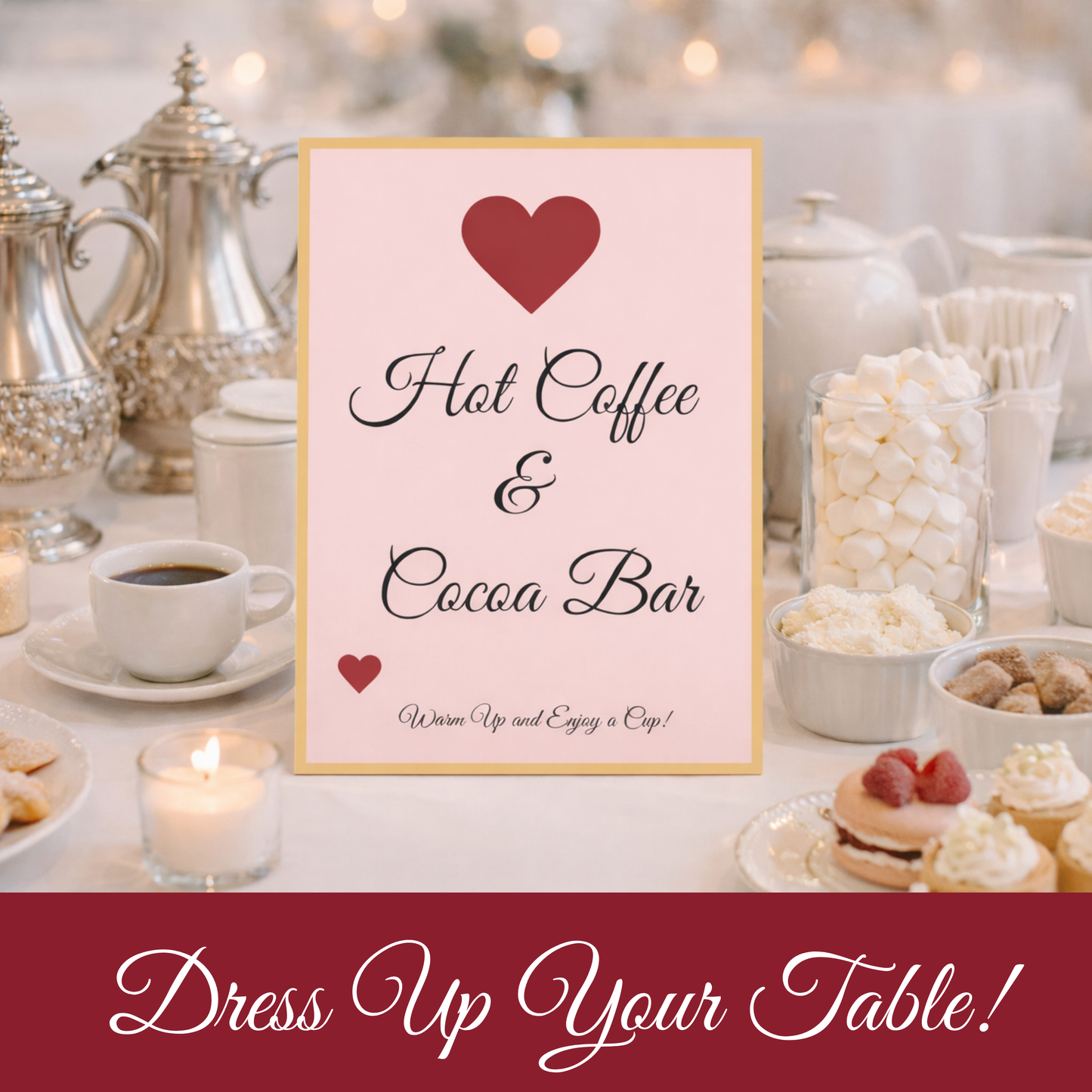 Romantic Pink & Gold Hostess Kit: Heart-Themed Wedding and Party Table Decor Printable Set with Bottle Hangers, Menu, Place Cards