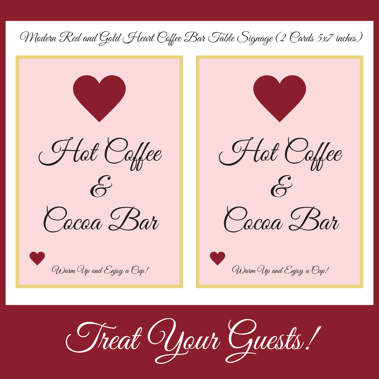 Romantic Pink & Gold Hostess Kit: Heart-Themed Wedding and Party Table Decor Printable Set with Bottle Hangers, Menu, Place Cards