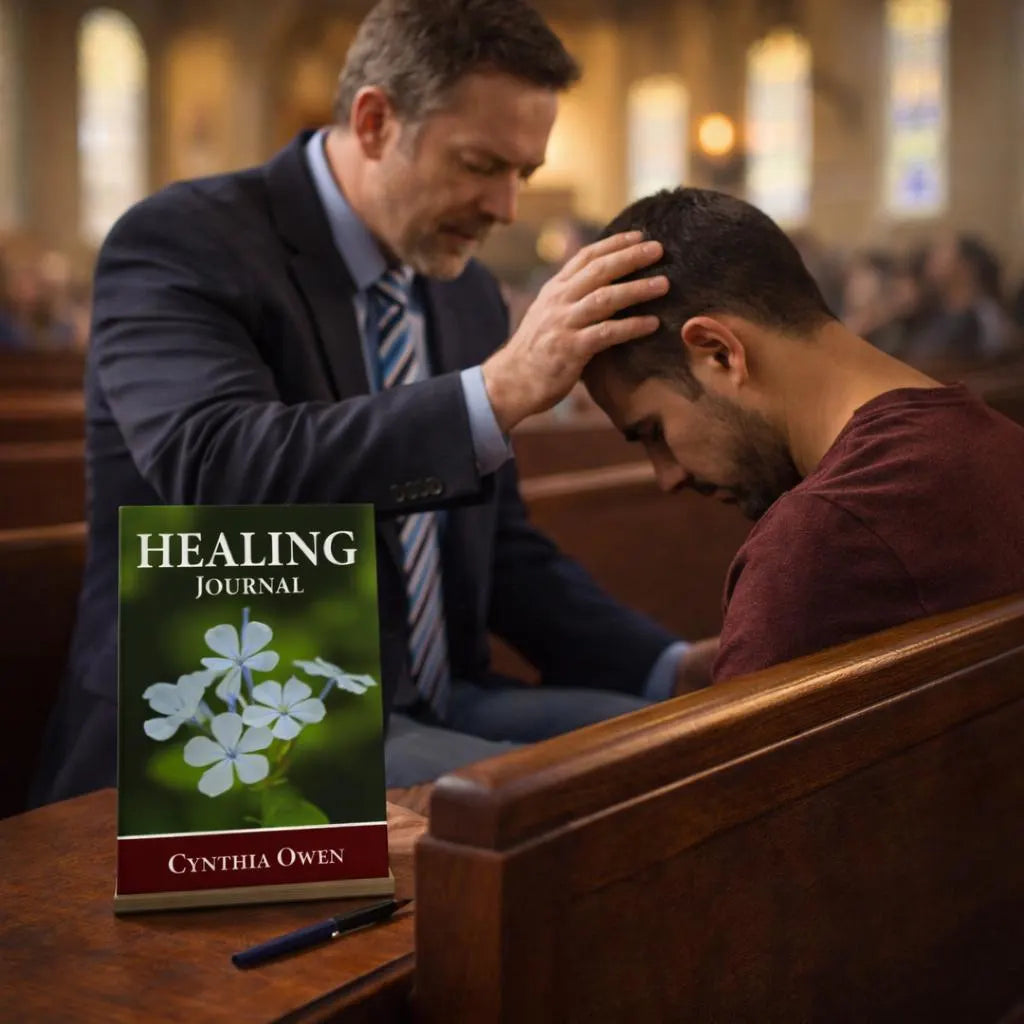 Man praying with Healing Journal Christian devotional journal for men and women of faith