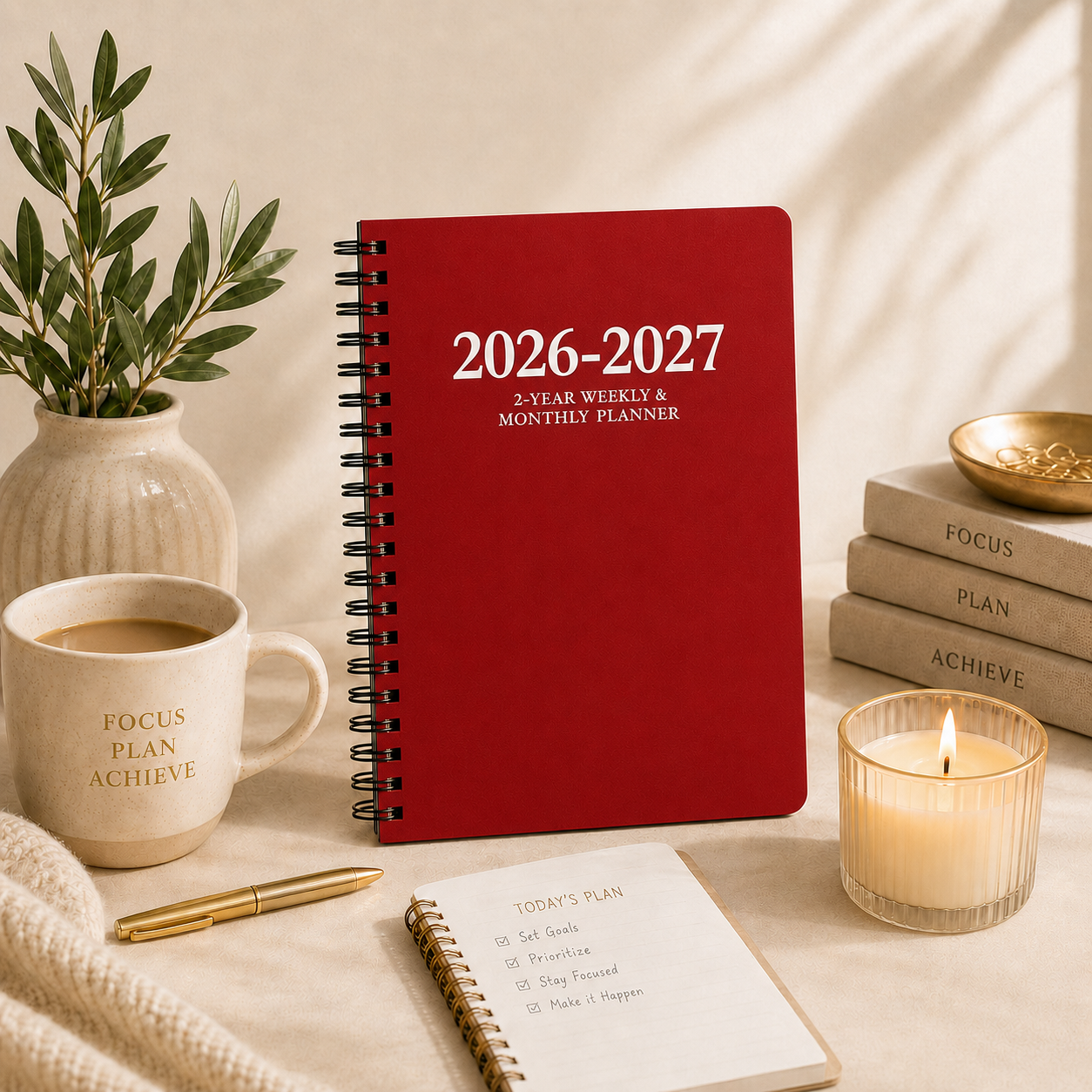 2026 2027 red spiral planner 6x9 daily weekly and monthly dated organizer for work school goals and productivity